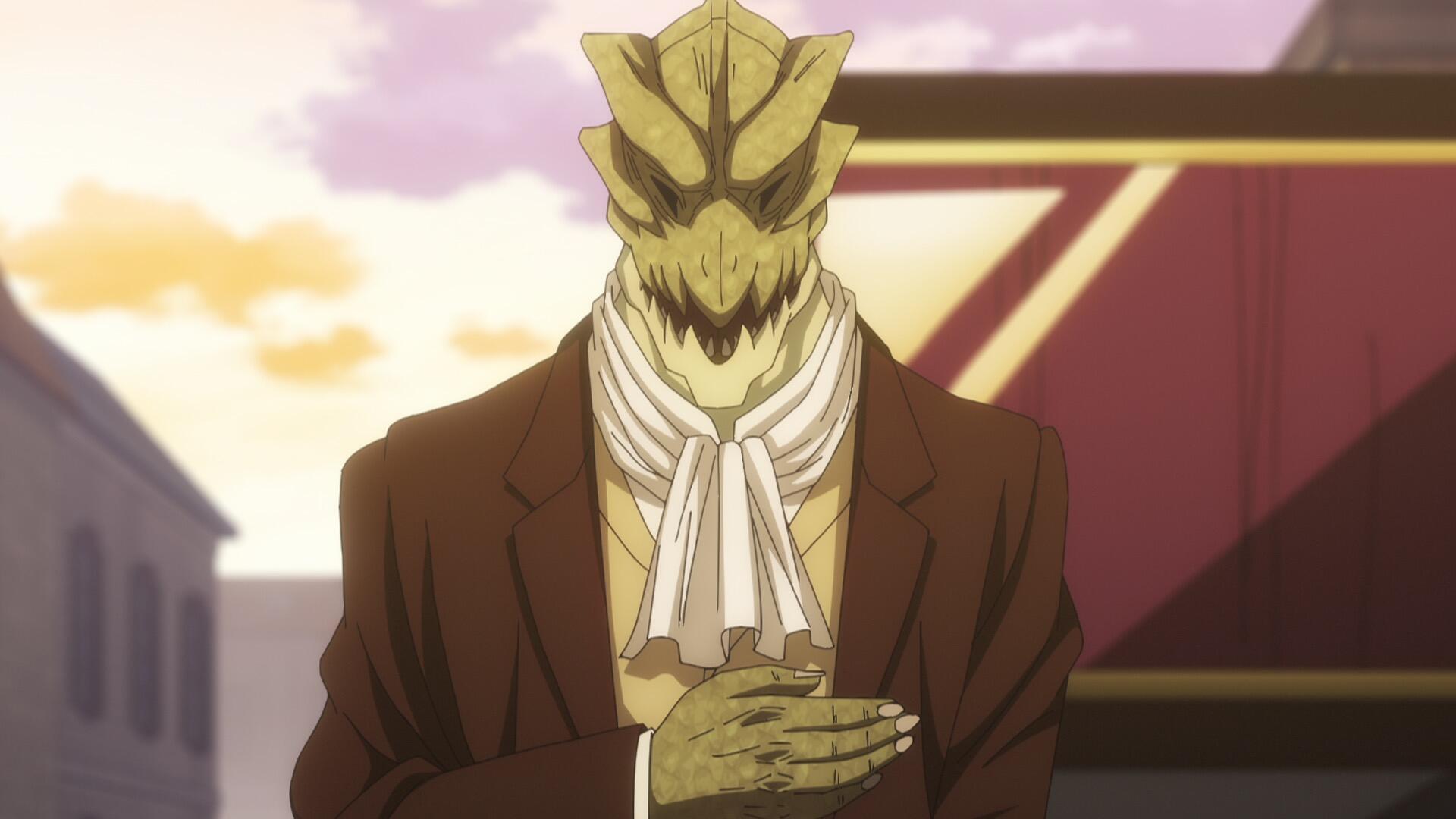 An HD desktop wallpaper from the anime The Ossan Newbie Adventurer, featuring a reptilian character in a formal outfit standing against a scenic background.