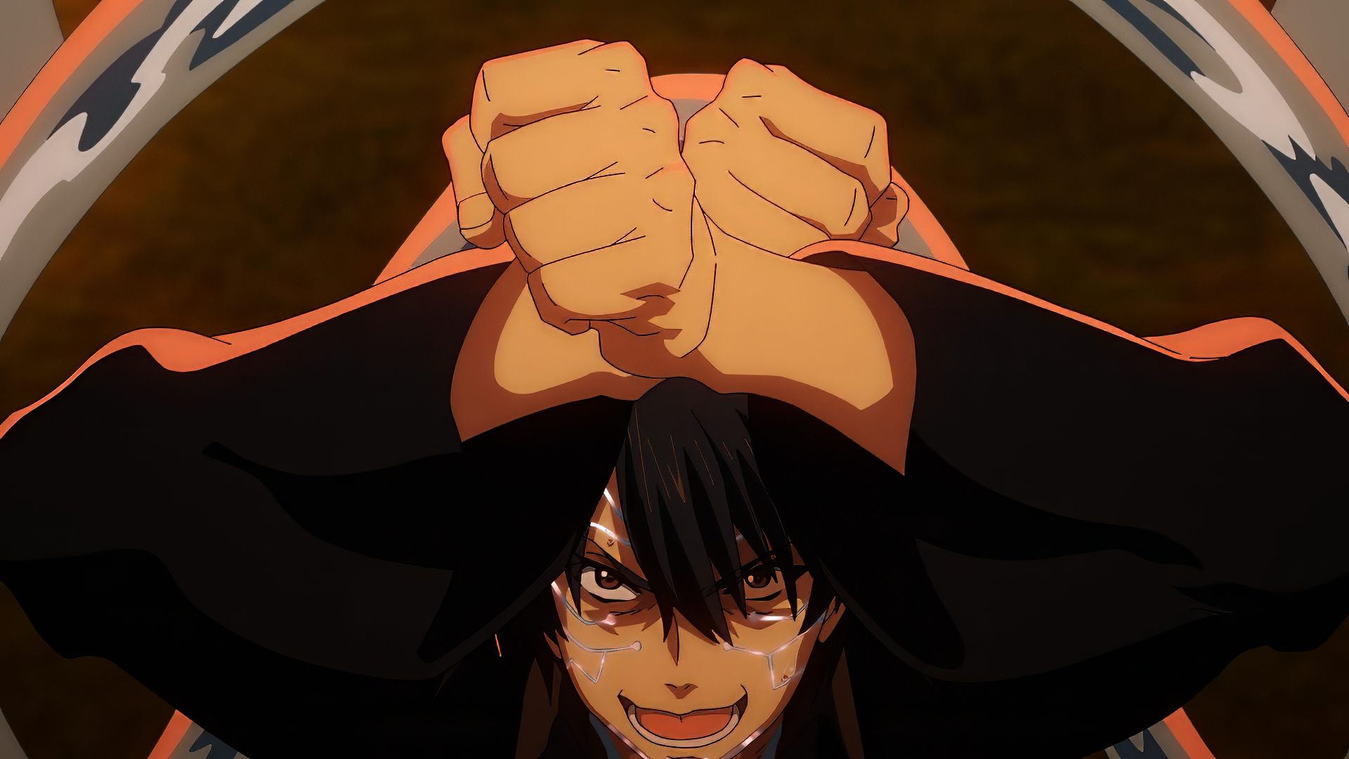 A dynamic anime scene from Failure Frame features a character with a passionate expression, arms raised in determination. The image serves as an HD desktop wallpaper and background.