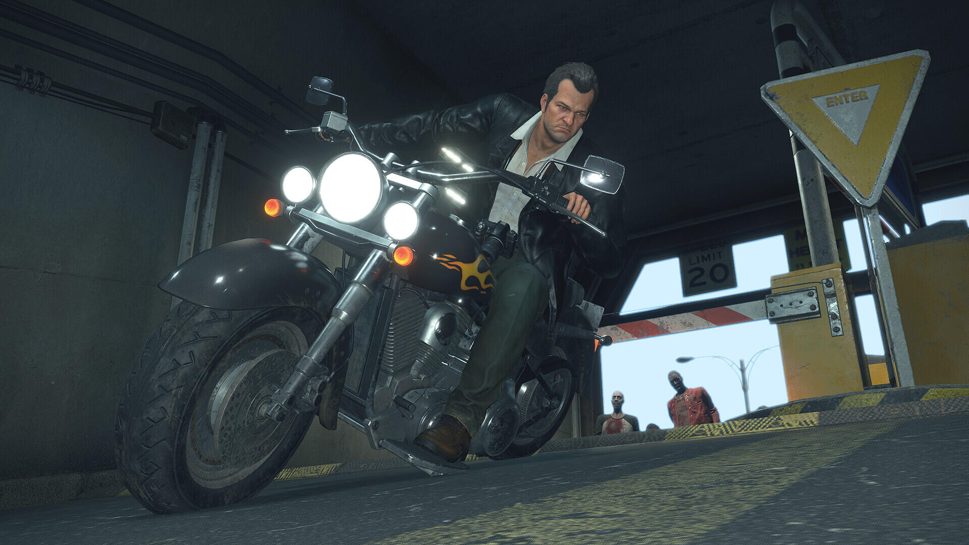 A scene from Dead Rising Deluxe Remaster, featuring a character on a motorcycle ready to navigate a zombie-filled world, set against a detailed urban backdrop.