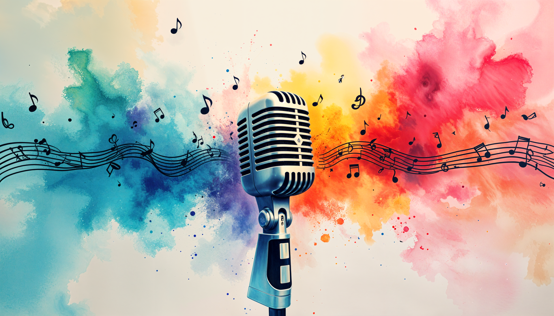 A vibrant 4K Ultra HD desktop wallpaper featuring a classic microphone at the center, surrounded by a splash of colorful paint and musical notes, creating an artistic musical ambiance.