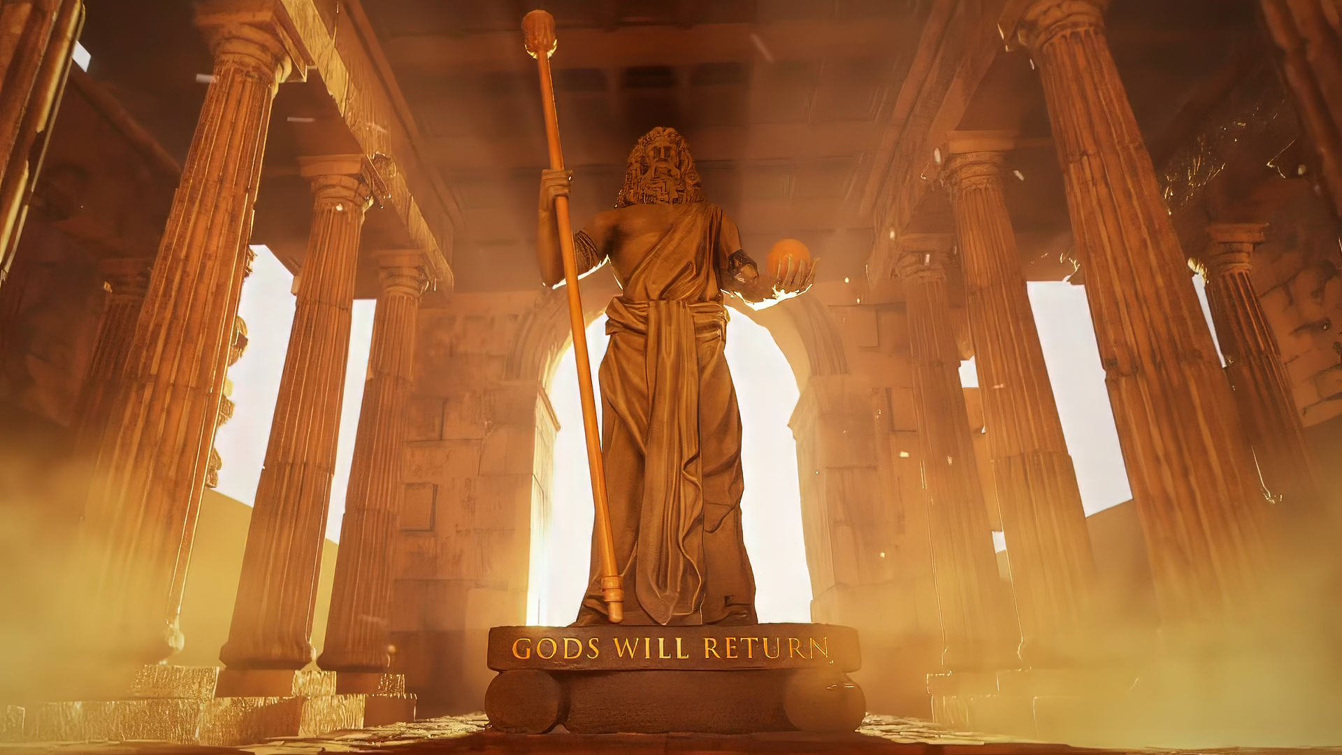 HD wallpaper from Age of Mythology: Retold features a majestic statue of a god amidst ancient columns, illuminated by golden light, with the phrase GODS WILL RETURN.