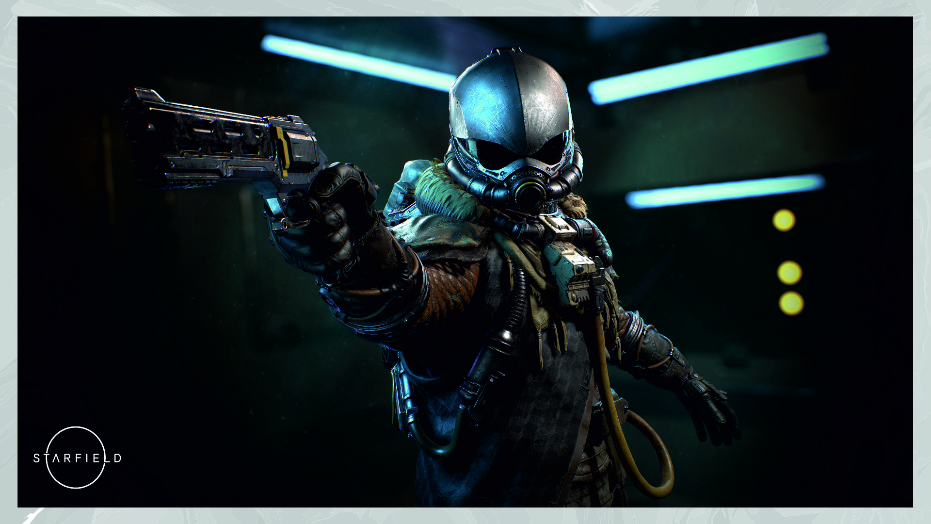 A high-definition desktop wallpaper featuring an assassin from the video game Starfield, poised with a gun in a futuristic, neon-lit environment.