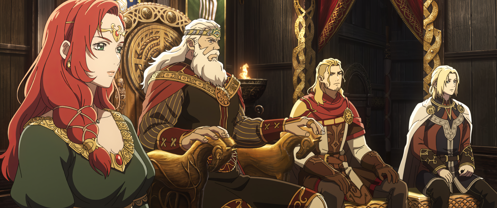A vibrant HD anime-style scene from The Lord of the Rings: The War of the Rohirrim, featuring regal characters seated on thrones, richly adorned in intricate costumes.