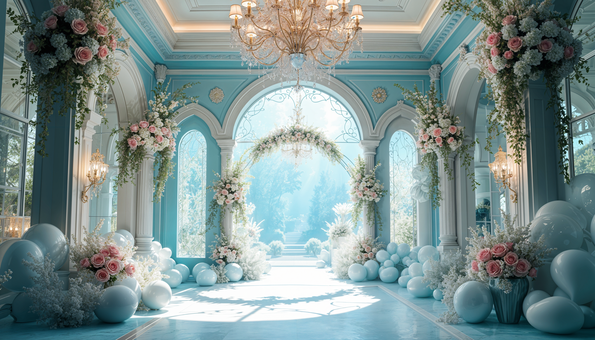 A stunning entrance to a beautifully decorated building, featuring elegant arches, floral arrangements, and balloons, set in a bright, inviting atmosphere. A captivating 4K Ultra HD desktop wallpaper.