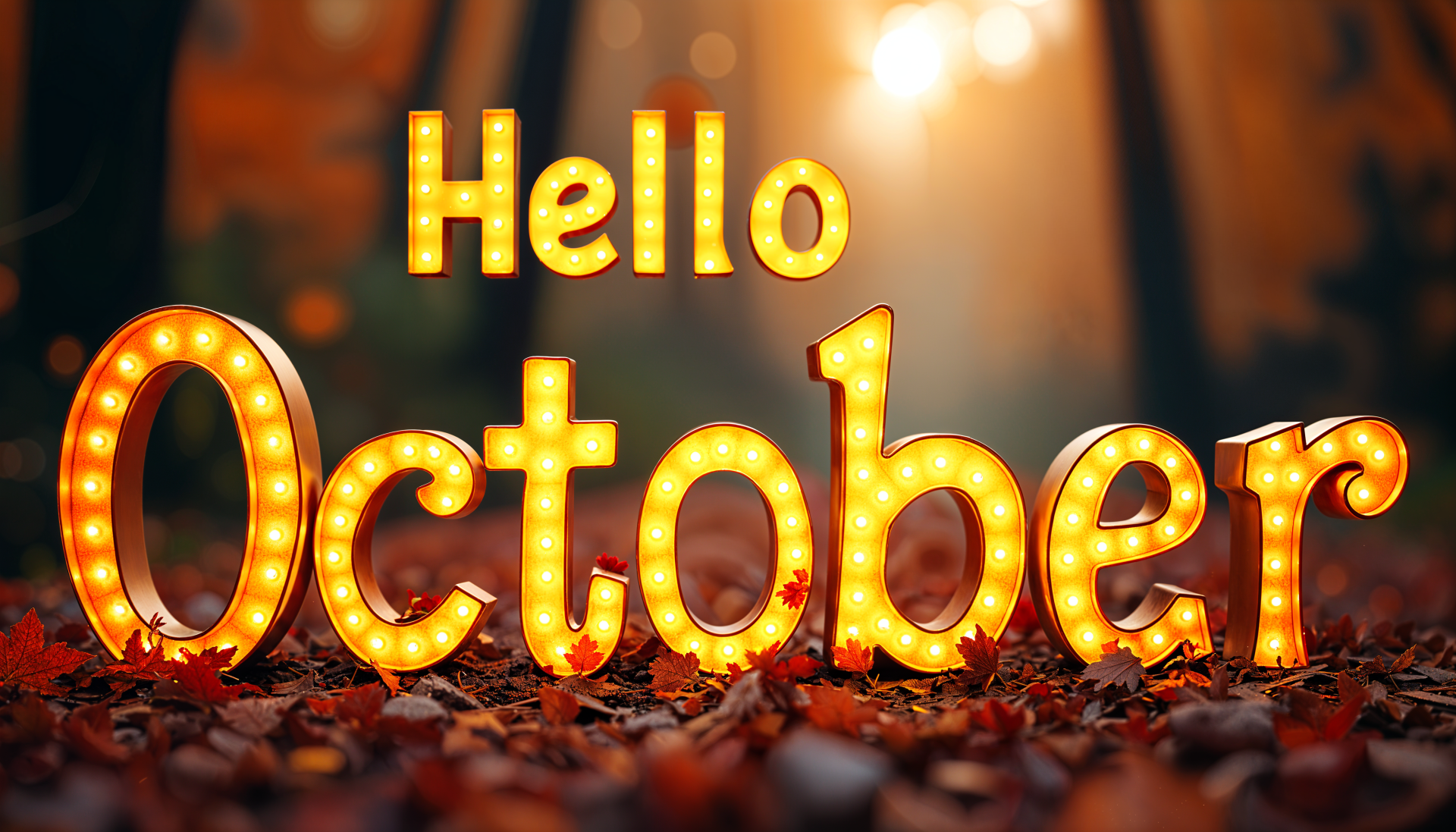 4K Ultra HD PC desktop wallpaper featuring illuminated Hello October text surrounded by autumn leaves with a warm, glowing background.