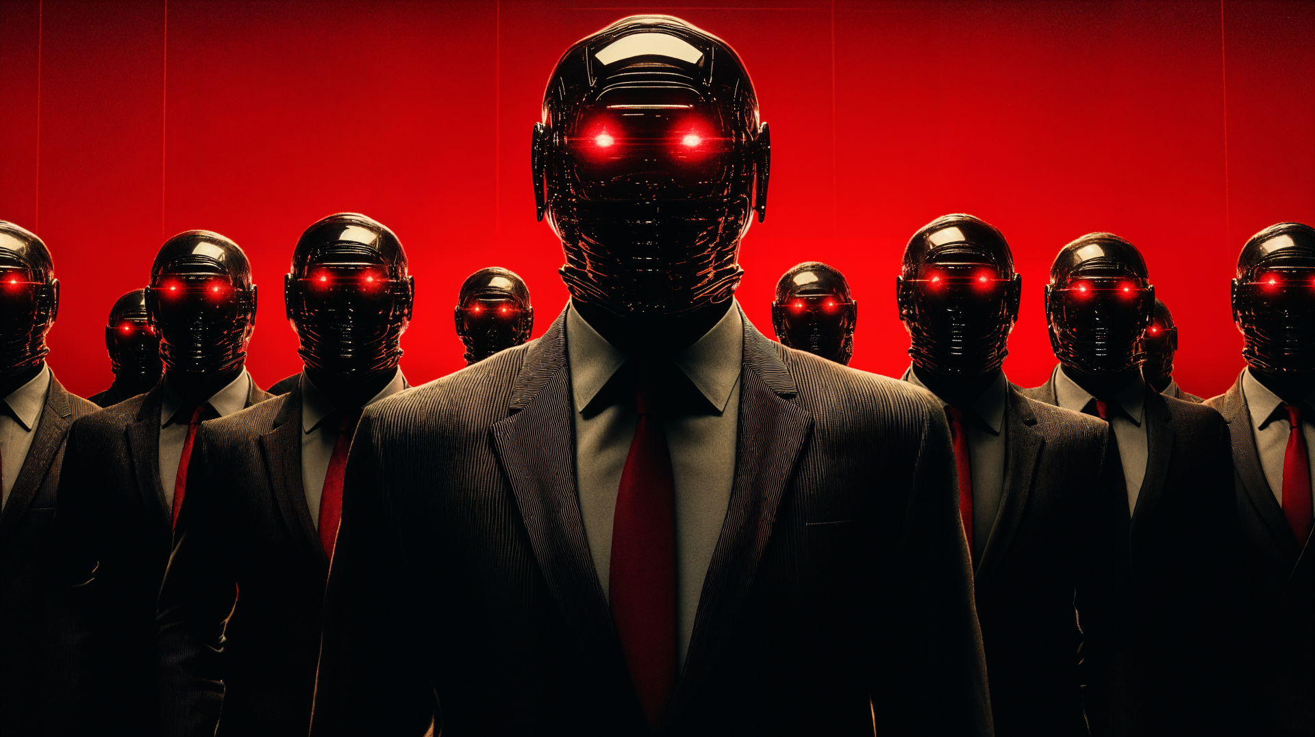 A striking 4K Ultra HD image featuring a group of cyborg businessmen with glowing red eyes, set against a bold red background, representing a fusion of corporatism and technology.