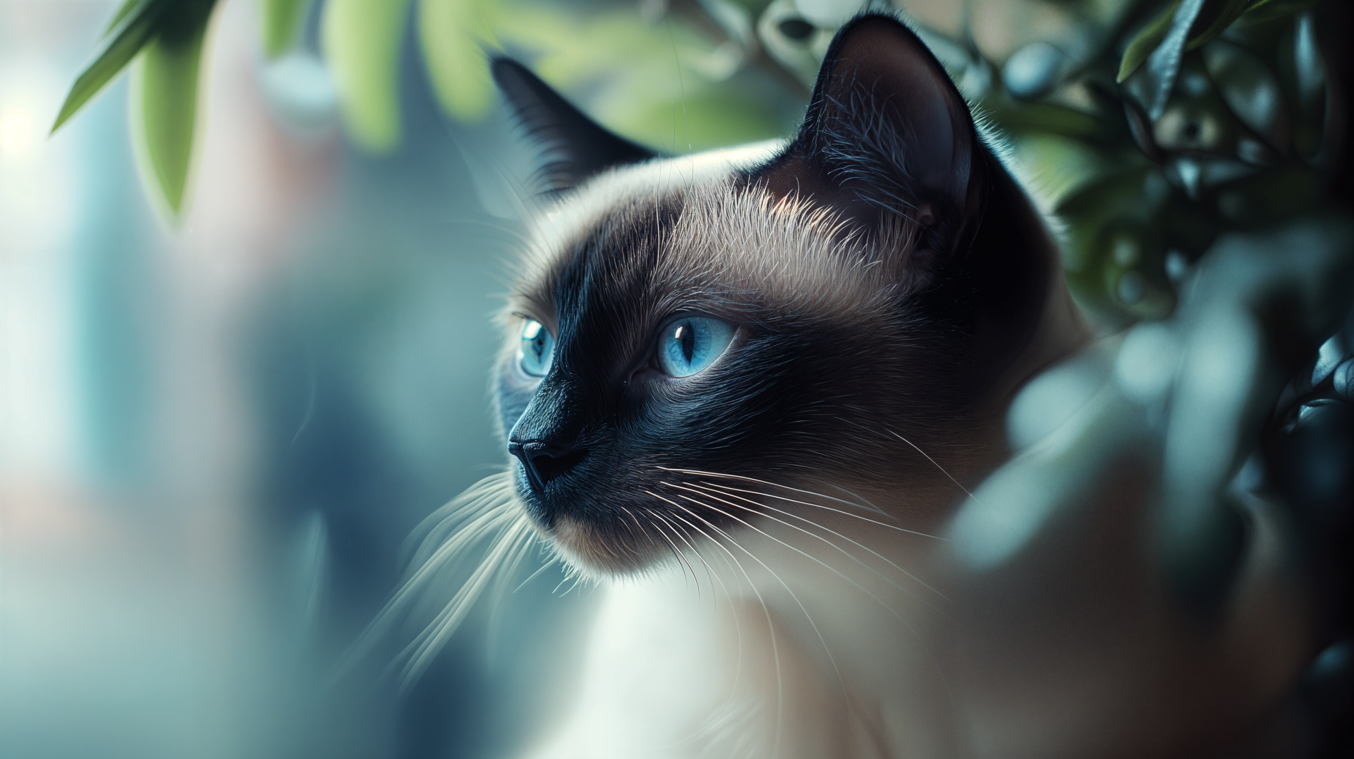 A serene Siamese cat gazes through lush green leaves, highlighting its striking blue eyes. This captivating image serves as a 4K Ultra HD desktop wallpaper.