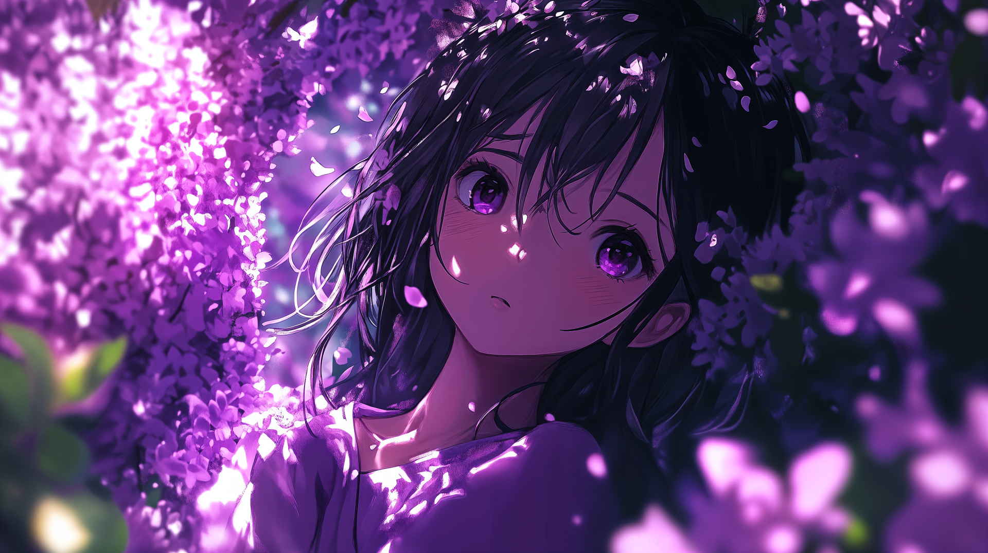 4K Ultra HD anime wallpaper featuring a purple-themed anime girl surrounded by glowing blossoms, creating a serene and enchanting atmosphere.