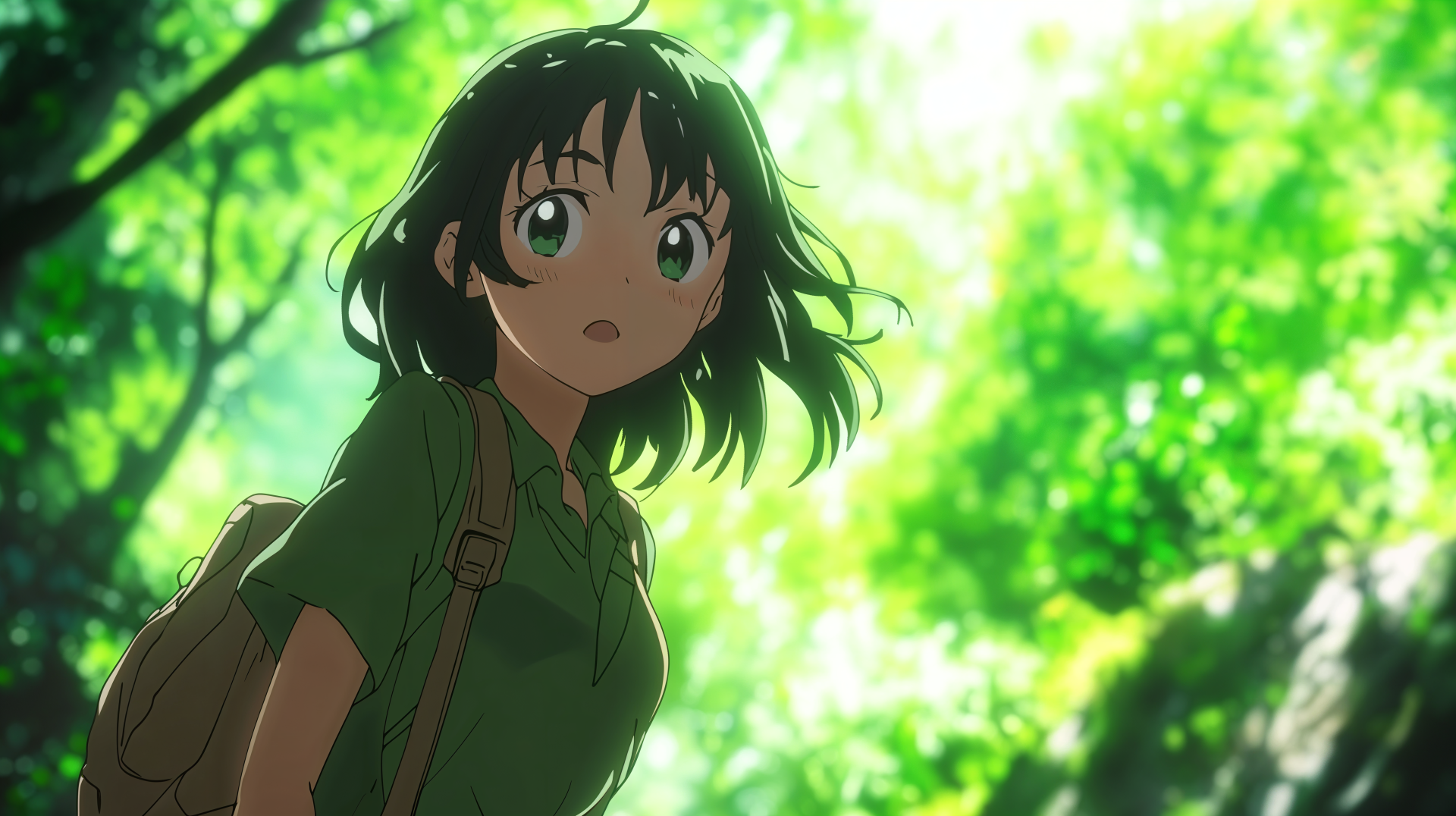 A vibrant green anime girl stands beneath a lush canopy, her expressive eyes reflecting wonder. This 4K Ultra HD image serves as an engaging desktop wallpaper and background.