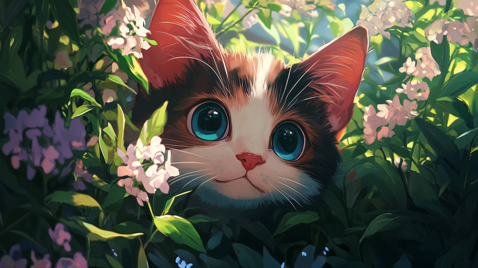 A cute anime cat with large blue eyes peeks through vibrant green leaves and pink flowers, creating a charming and colorful 4K Ultra HD wallpaper.