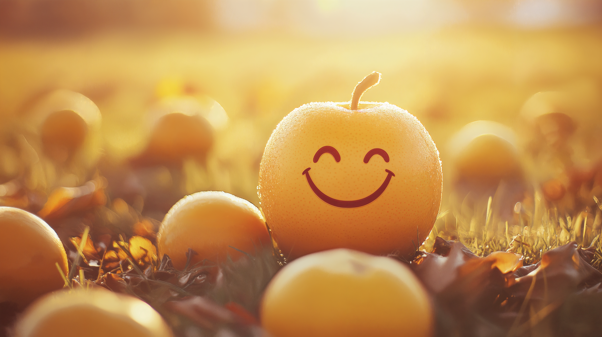 A cheerful, smiling apple stands out among a field of yellow apples, basking in warm sunlight. This vibrant 4K Ultra HD image captures a joyful, happy scene.