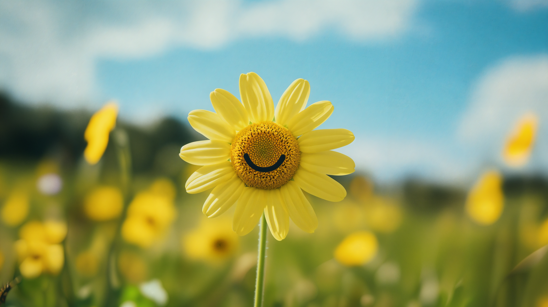 A bright yellow flower with a smiling face stands tall against a clear blue sky, surrounded by other yellow blooms, showcasing a joyful and uplifting scene in 4K Ultra HD quality.