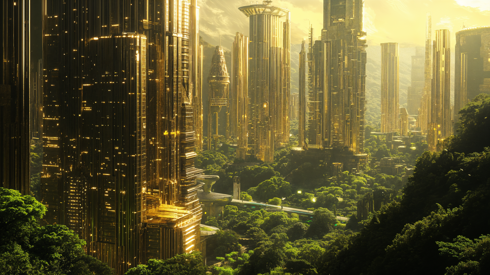 A vibrant sci-fi city with towering golden skyscrapers surrounded by lush greenery, set against a dramatic sky. This stunning 4K Ultra HD wallpaper captures a futuristic urban landscape.