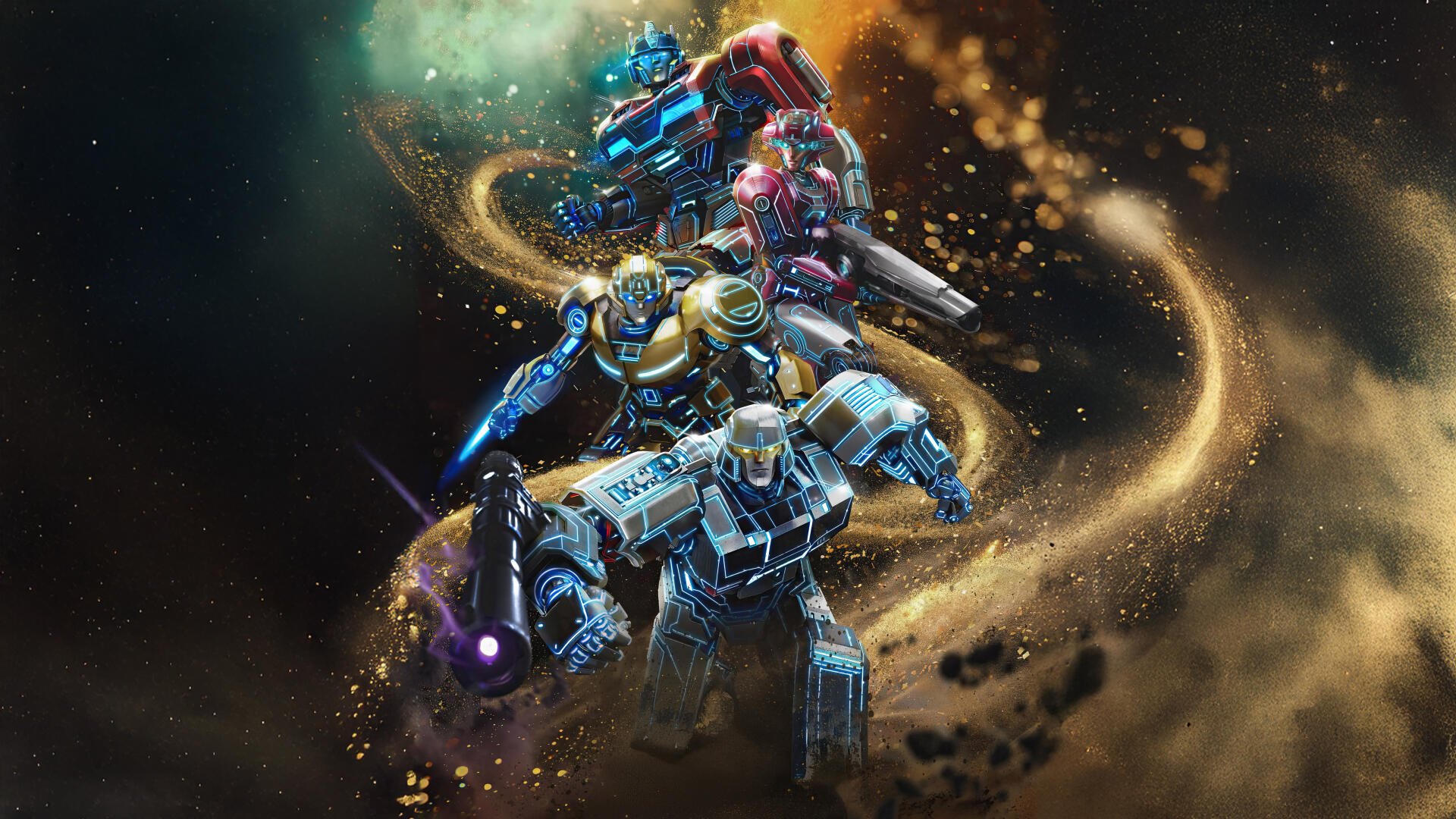 Transformers One movie artwork featuring vibrant, heroic Transformers in dynamic poses against a cosmic backdrop, showcasing 4K Ultra HD quality for PC desktop wallpaper.