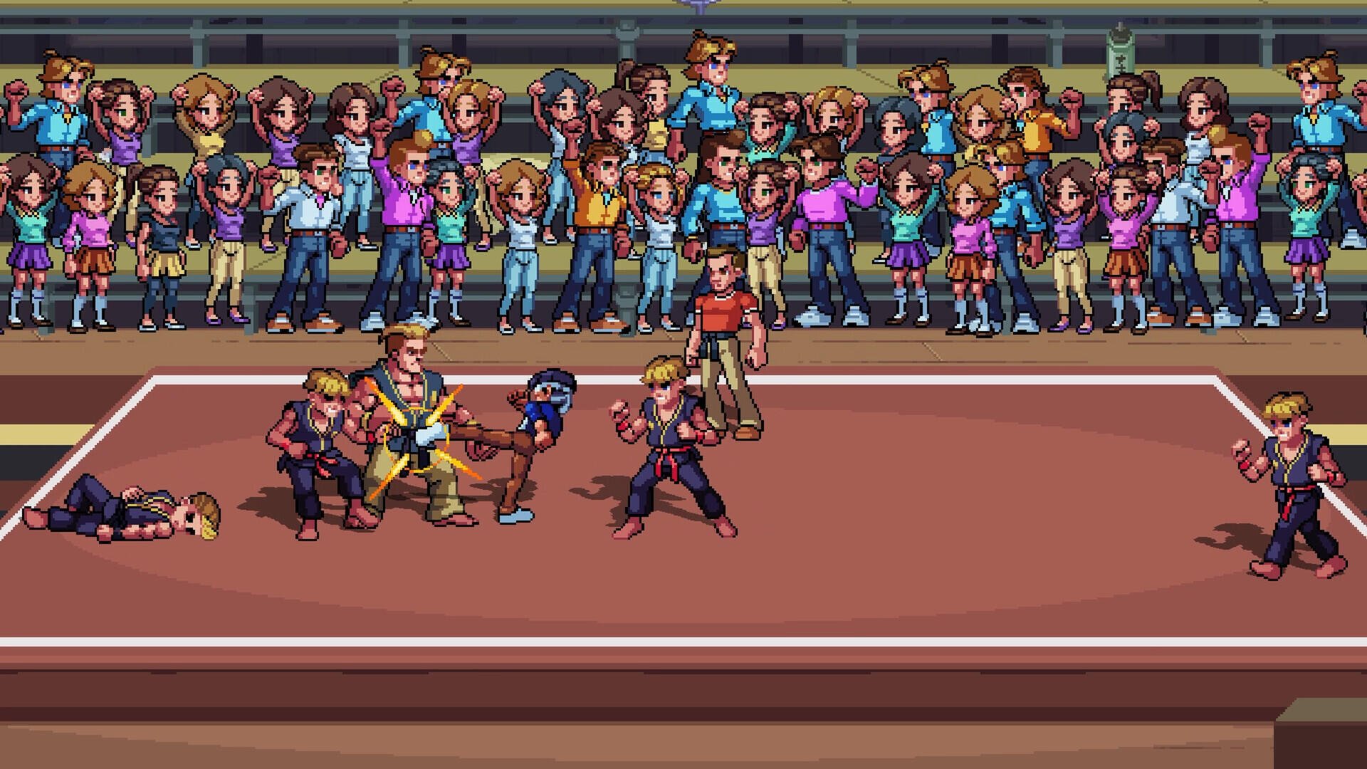 Colorful HD wallpaper from The Karate Kid: Street Rumble, showcasing a dynamic martial arts scene with characters engaged in action, surrounded by an enthusiastic crowd.