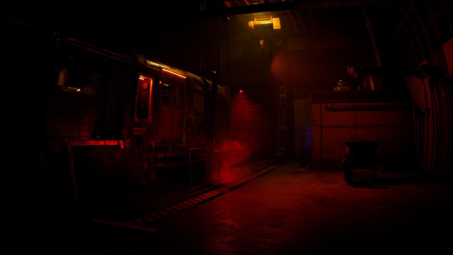 Dark, atmospheric scene from the video game Zoochosis, featuring moody red lighting and shadows, designed as an HD PC desktop wallpaper and background.