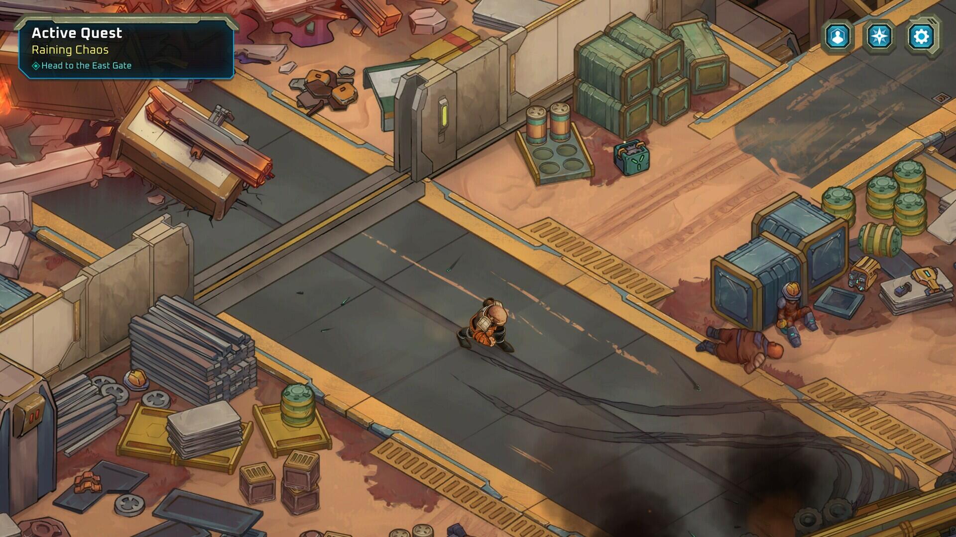 A vibrant HD desktop wallpaper from the video game Dark Sky (2024), depicting a character navigating a cluttered, futuristic environment filled with debris and crates.