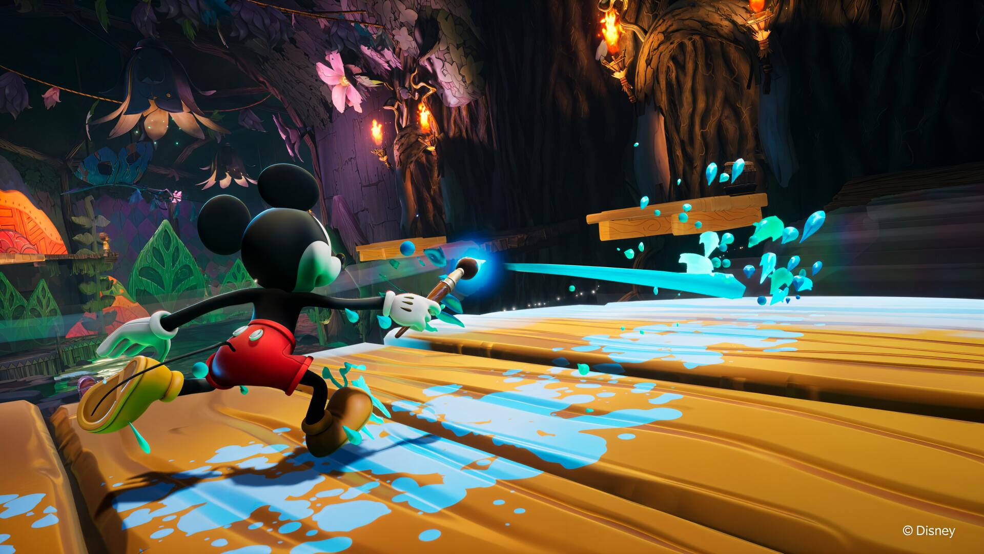 A vibrant 4K Ultra HD wallpaper featuring Mickey Mouse from Disney Epic Mickey: Rebrushed, wielding a paintbrush amidst a colorful and whimsical environment.