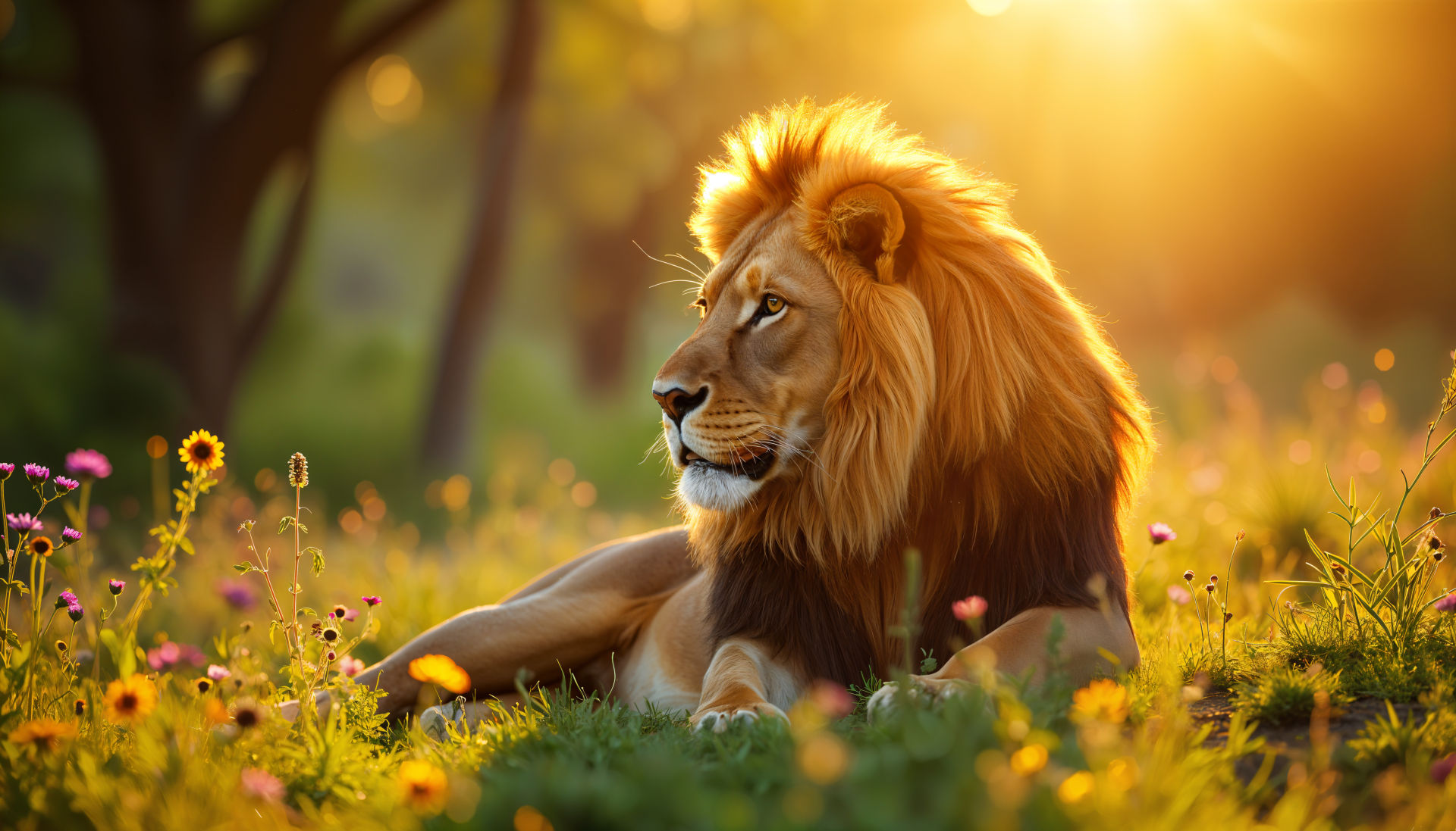 A majestic lion rests in a vibrant meadow, bathed in warm golden light, showcasing its magnificent mane in this stunning 4K Ultra HD desktop wallpaper.