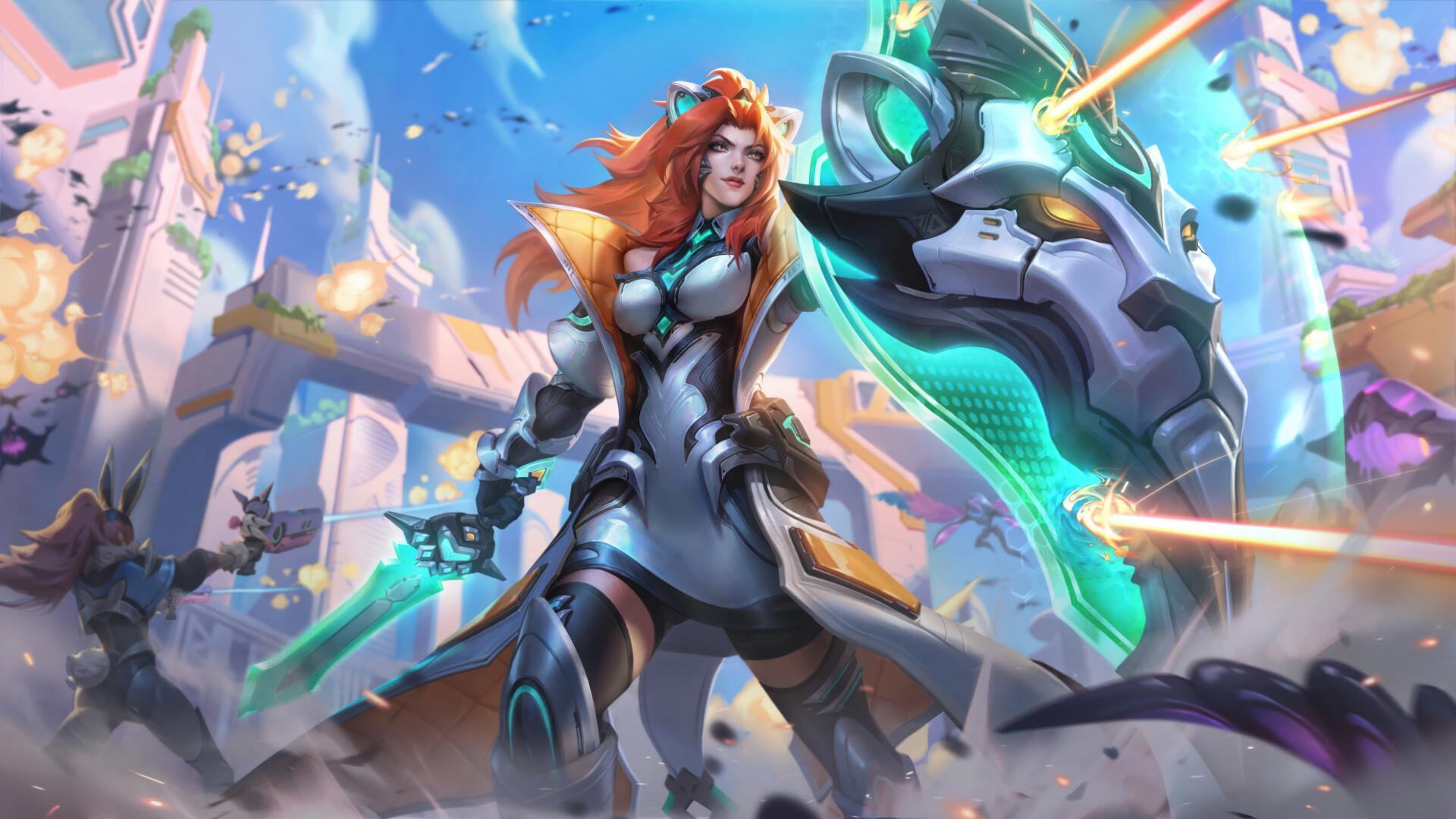 Vibrant 8K Ultra HD wallpaper featuring Leona from League of Legends, showcasing her in dynamic action with futuristic elements and effects in a captivating game setting.