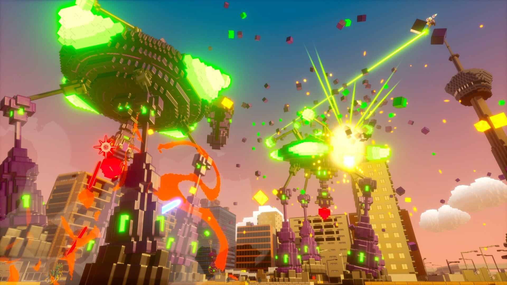 A vibrant HD wallpaper from the video game Earth Defense Force: World Brothers 2, featuring playful pixelated buildings under attack with colorful explosions and laser beams.