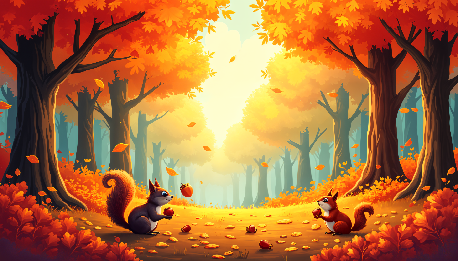A vibrant autumn scene featuring playful squirrels amidst colorful fall foliage, illuminated by warm sunlight, creating a serene 4K Ultra HD wallpaper for a PC desktop background.