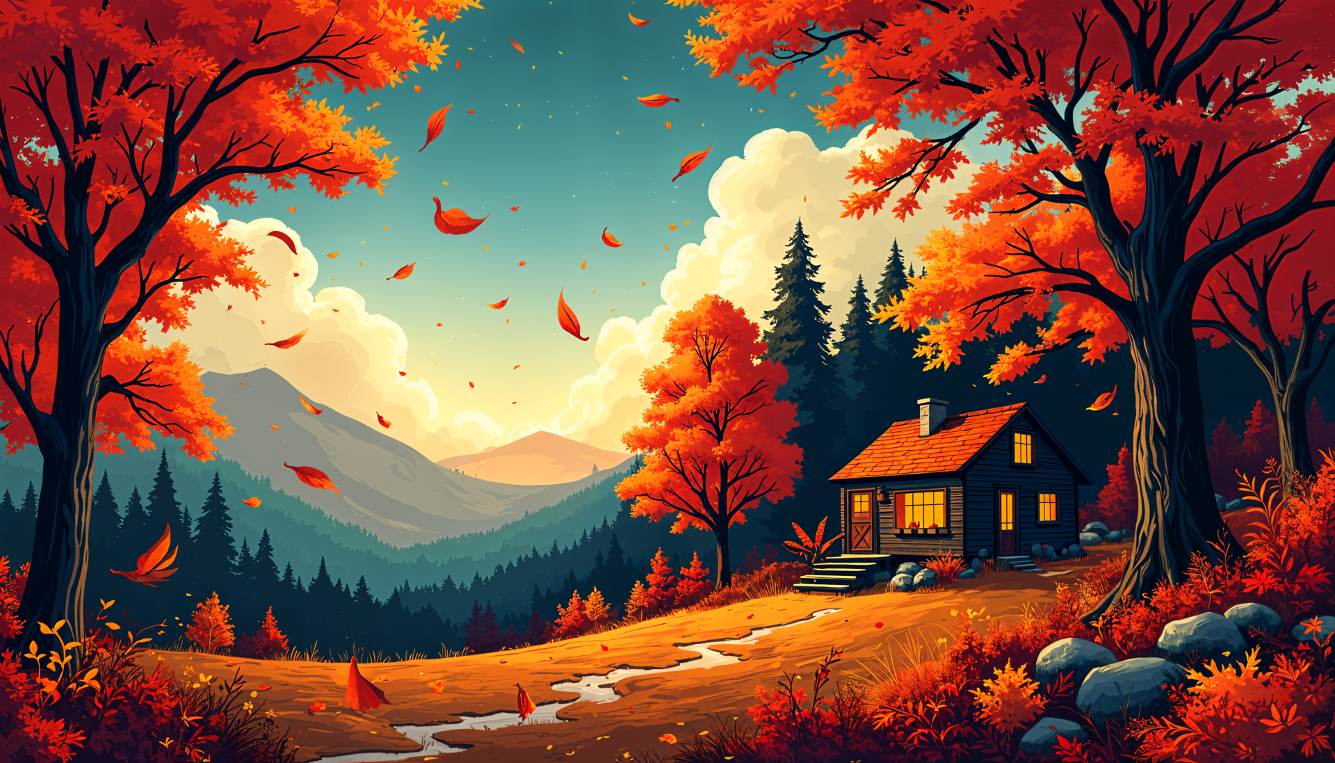 A serene fall scene featuring a cozy cabin surrounded by vibrant autumn trees, mountains in the background, and falling leaves, presented as a 4K Ultra HD desktop wallpaper.