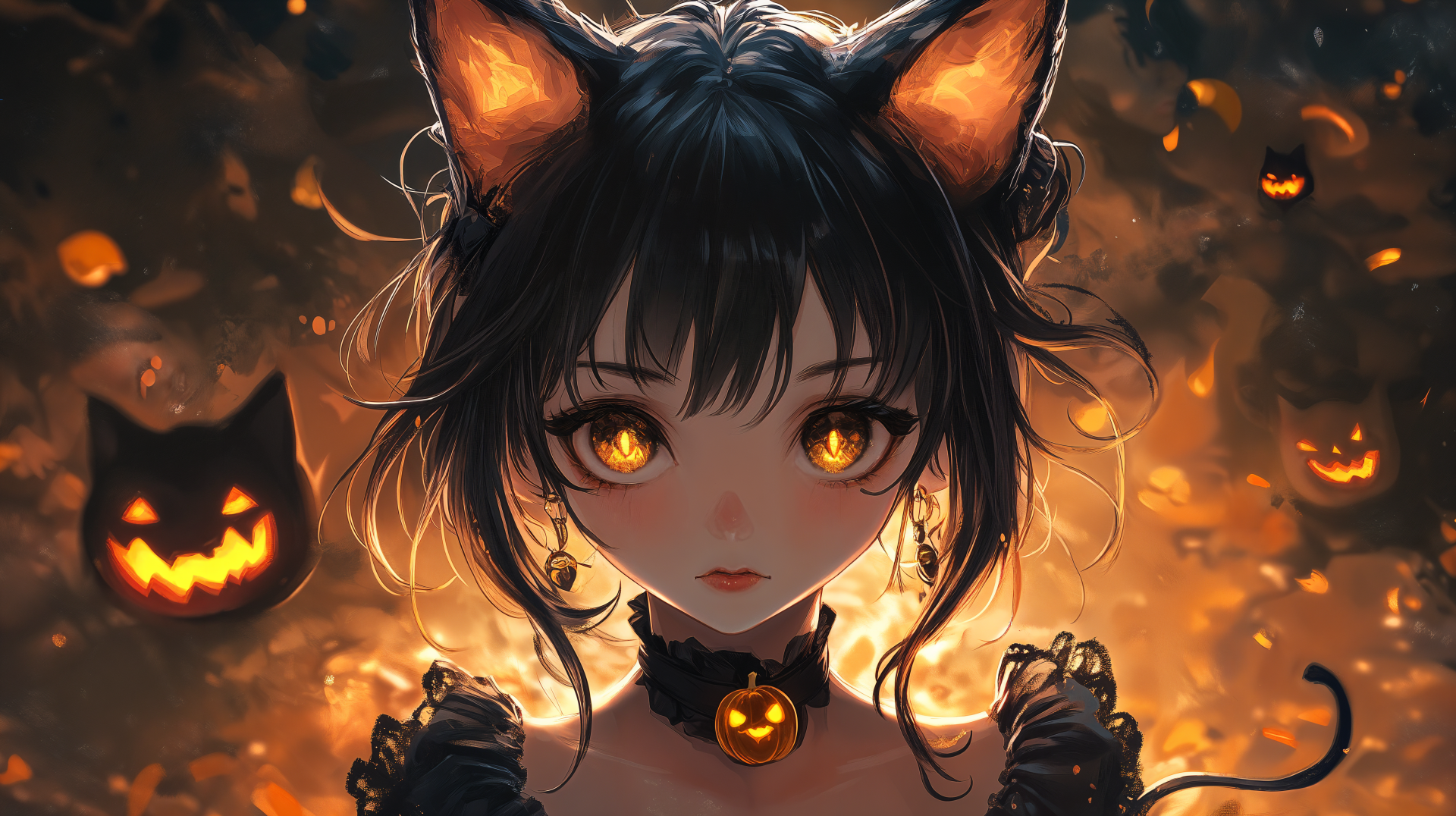 A captivating anime girl with cat ears and glowing eyes stands against a Halloween backdrop filled with pumpkins, creating a striking 4K Ultra HD desktop wallpaper.