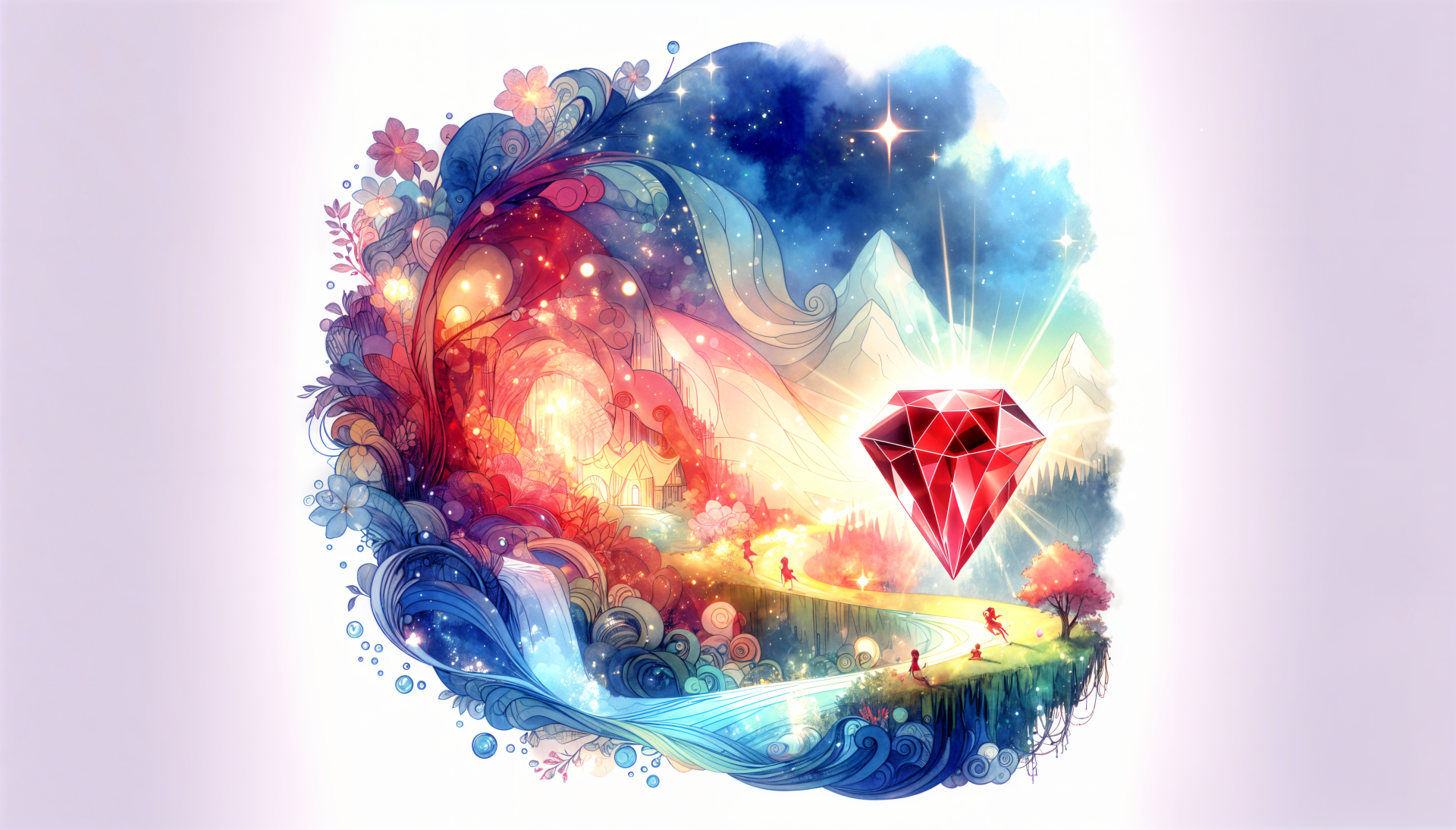 A vibrant 4K Ultra HD wallpaper featuring a large ruby gemstone set against a colorful, dreamy landscape with swirling patterns and sparkling elements.