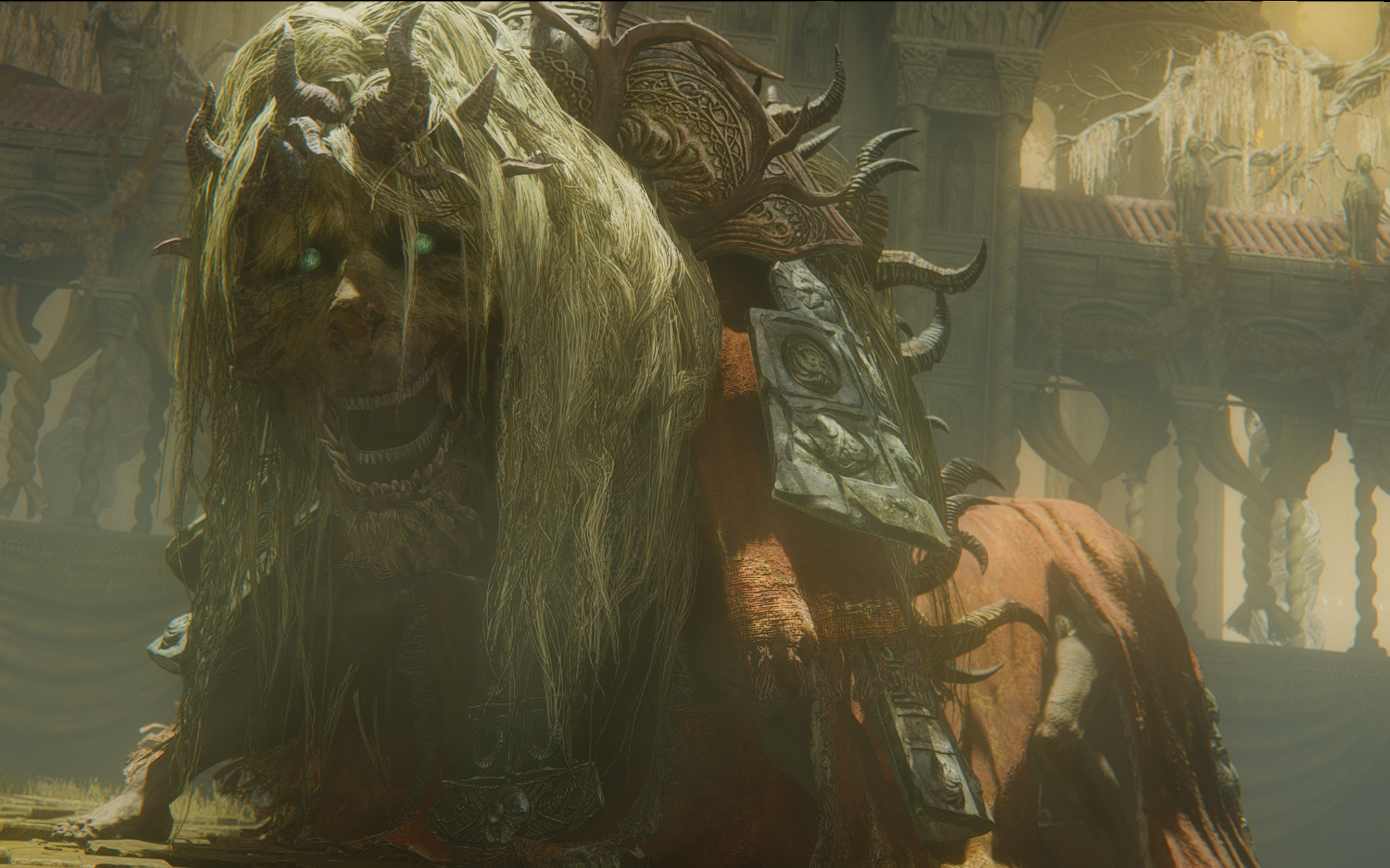 A breathtaking HD wallpaper depicting the Divine Beast Dancing Lion from Elden Ring: Shadow of the Erdtree, showcasing intricate details and a captivating fantasy atmosphere.