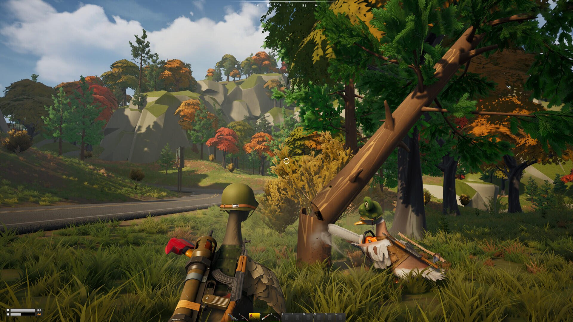 A vibrant HD wallpaper from the video game DUCKSIDE, featuring a colorful landscape with trees in autumn hues and a character near a fallen log, set against a scenic background.