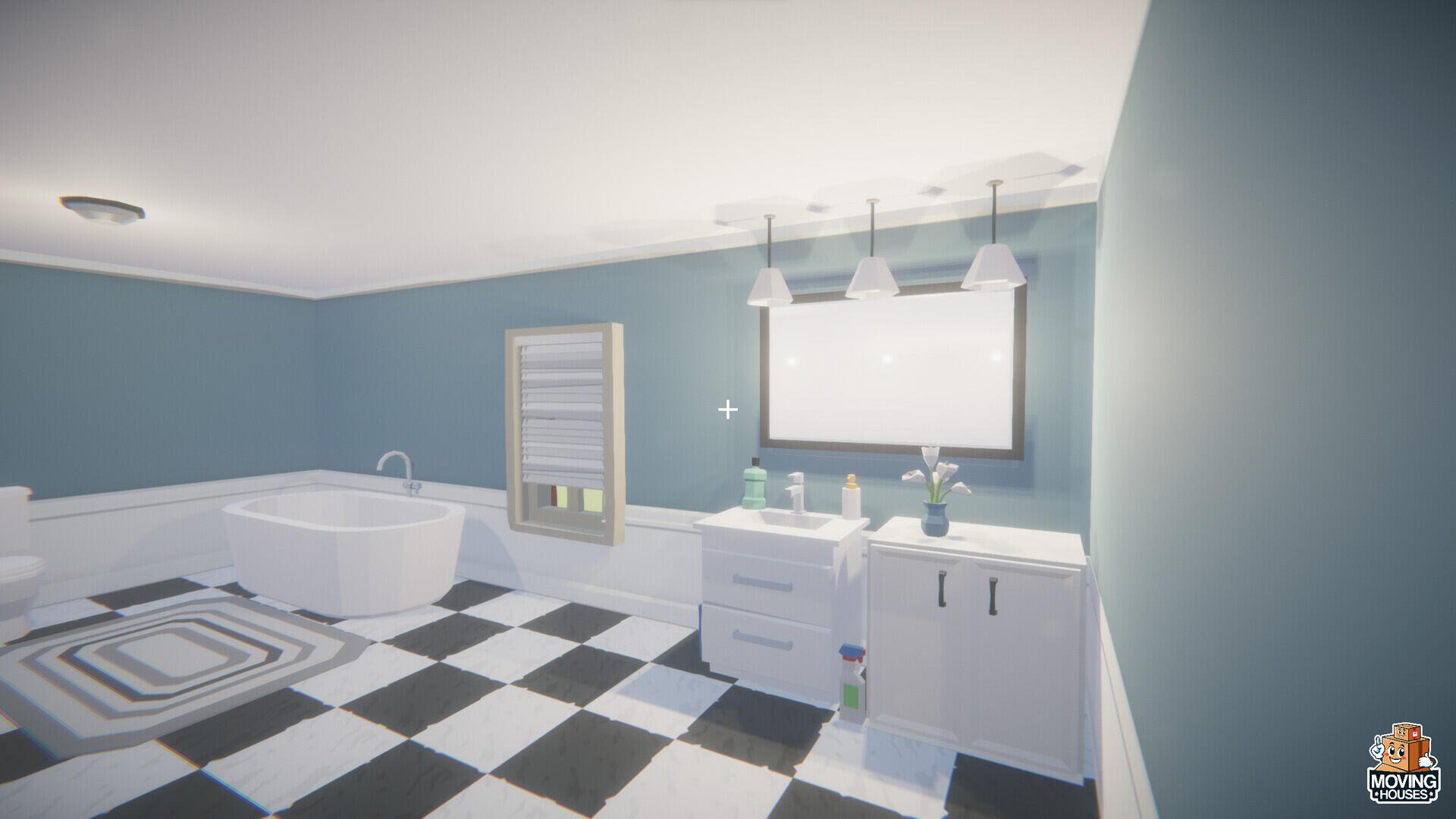 A modern bathroom interior featuring a bathtub, sink, and stylish lighting, set against a blue wall and black-and-white checkered floor. The image captures a scene from a video game about moving houses.