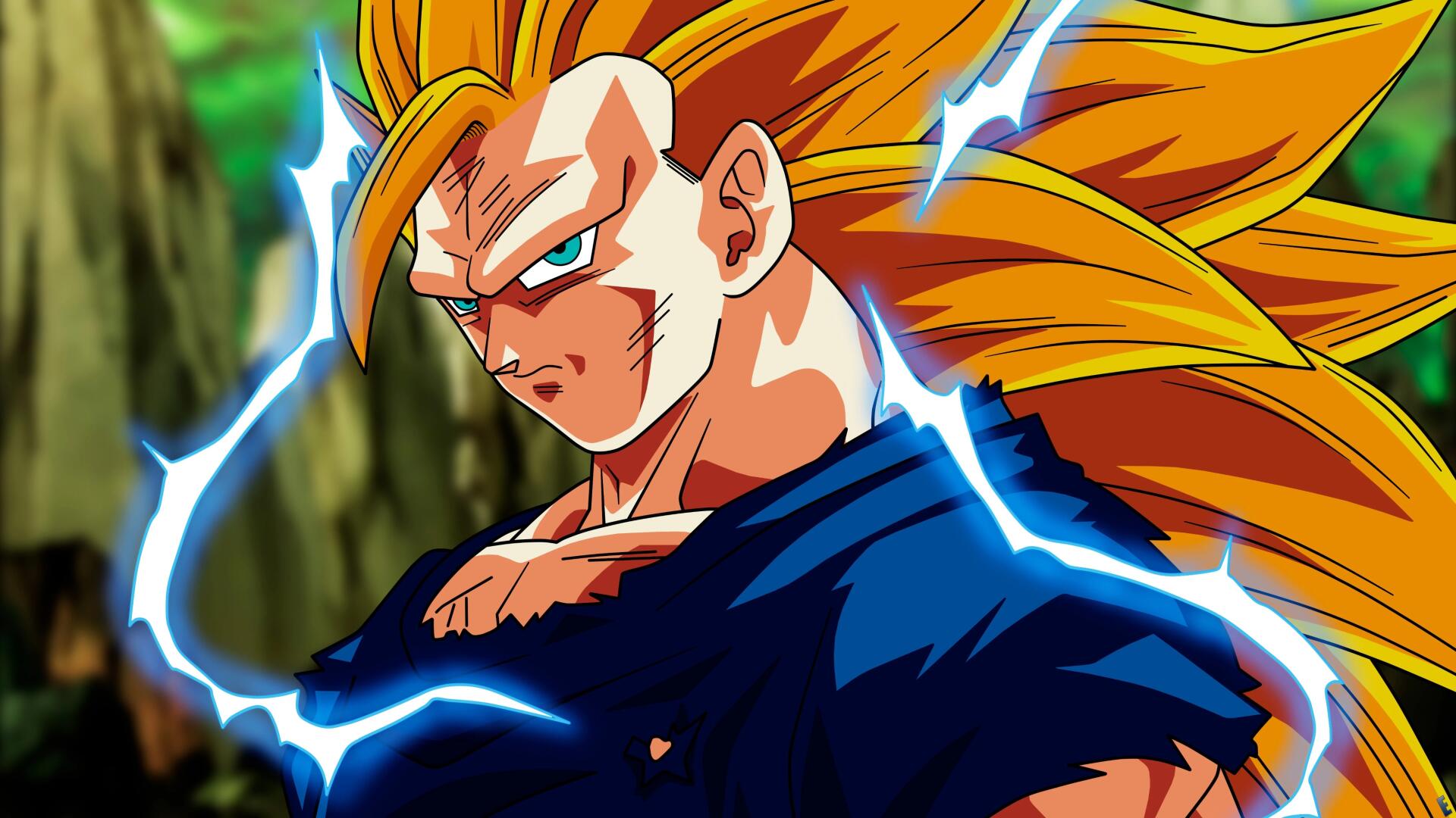 Goku in Super Saiyan 3 form from Dragon Ball Super, depicted in vibrant 4K Ultra HD detail with electrifying energy surrounding him against a natural background.