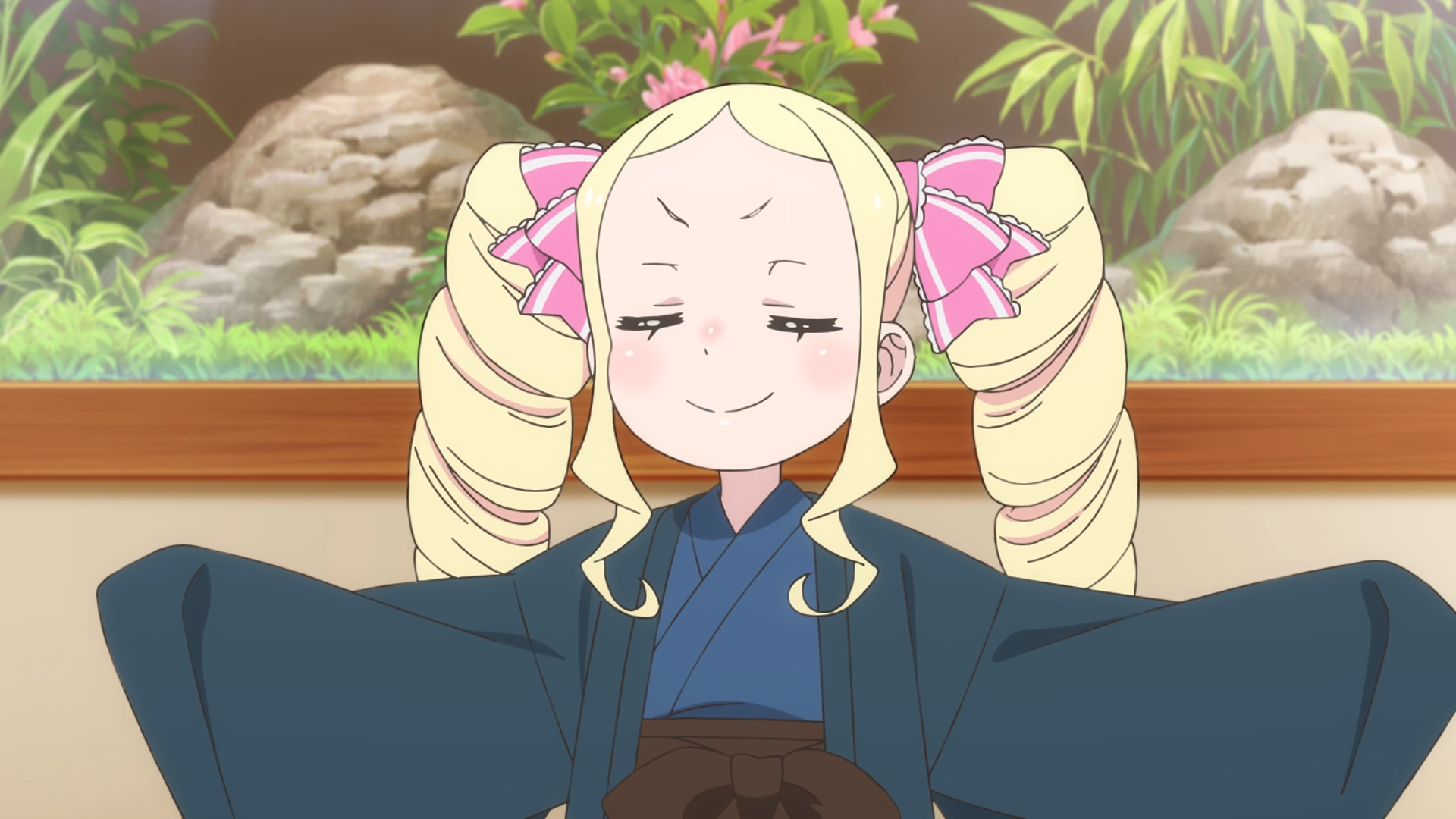 HD PC desktop wallpaper featuring Beatrice from the anime Re:Zero - Starting Life in Another World, shown with a serene expression and traditional attire in a garden setting.