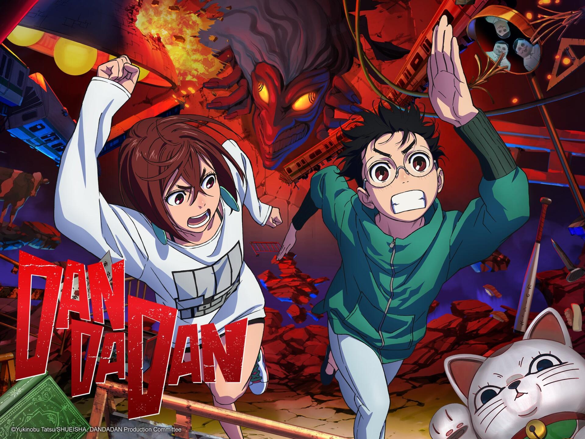 HD anime desktop wallpaper featuring Momo Ayase and Ken Takakura from Dandadan, running with intense expressions against a fiery, demonic backdrop.