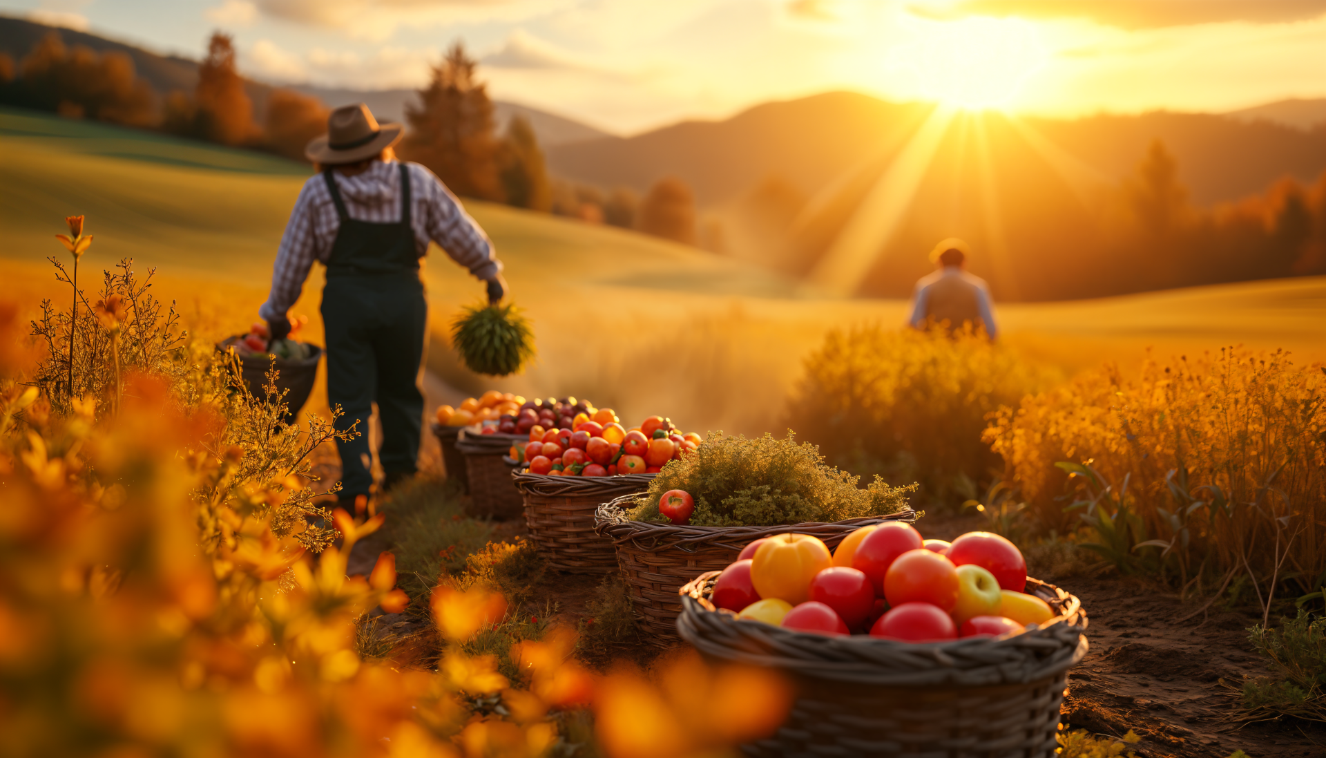 A serene harvest scene showcases farmers gathering vibrant fruits at sunset, with baskets filled with colorful apples and a picturesque landscape in the background. 4K Ultra HD wallpaper.