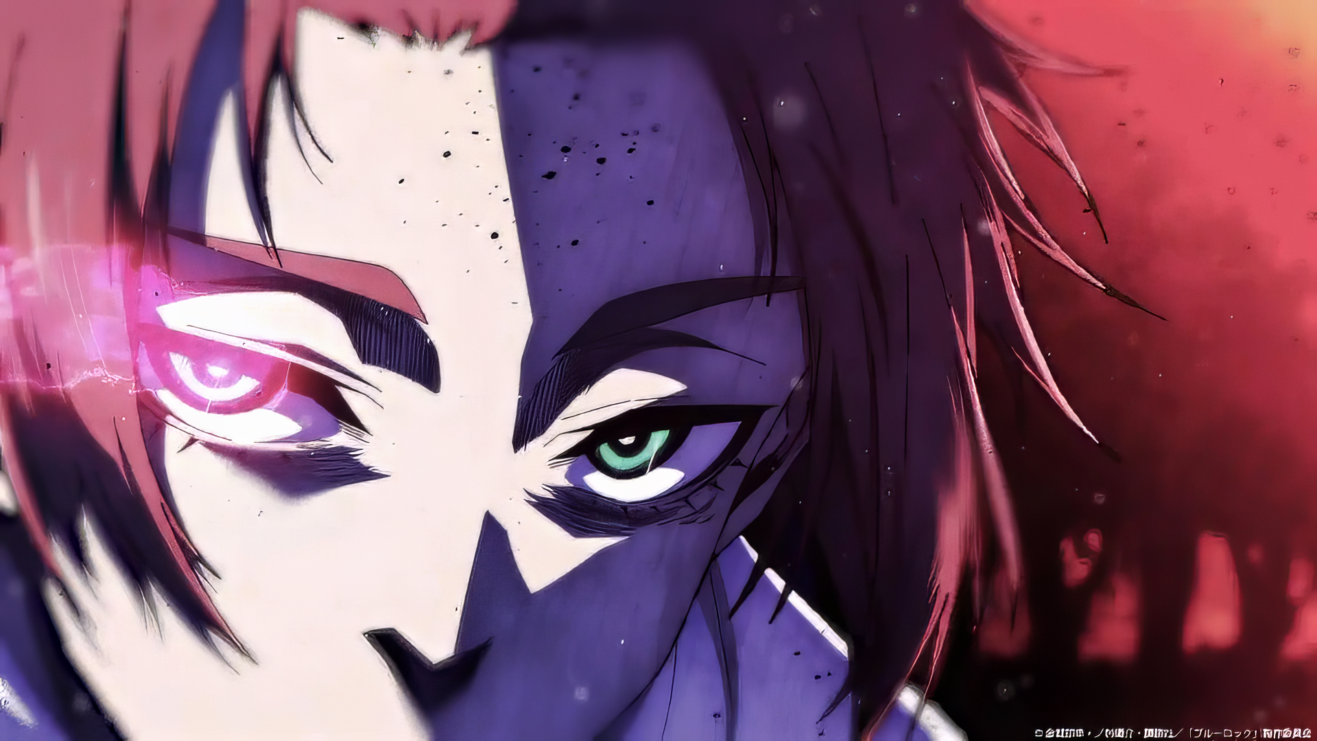 A close-up of a character from the anime Blue Lock, showcasing striking facial features and intense eyes, set against a dramatic backdrop. HD PC desktop wallpaper.