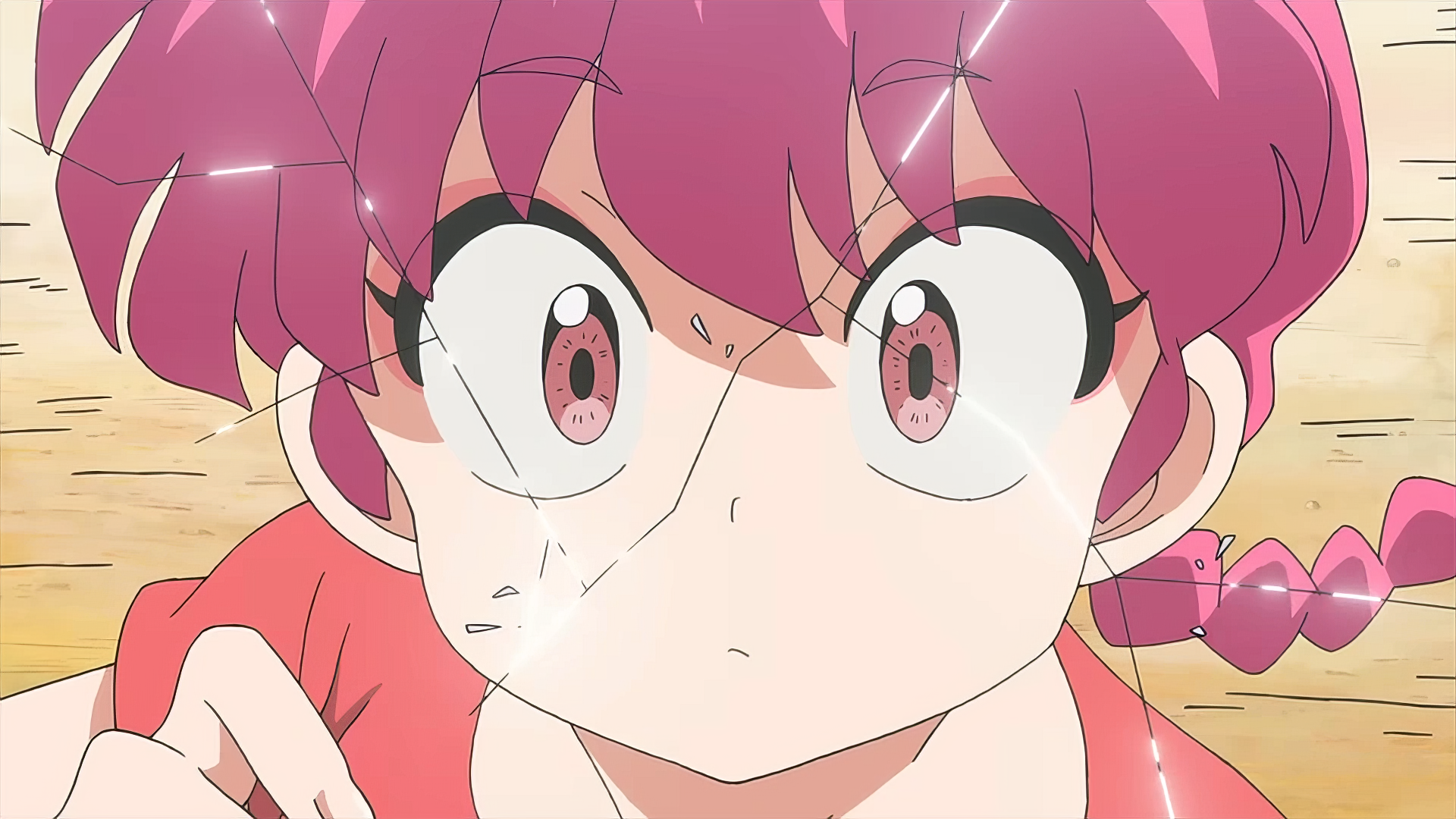 HD anime desktop wallpaper featuring a close-up of a surprised Ranma ½ character with pink hair and sparkling eyes.