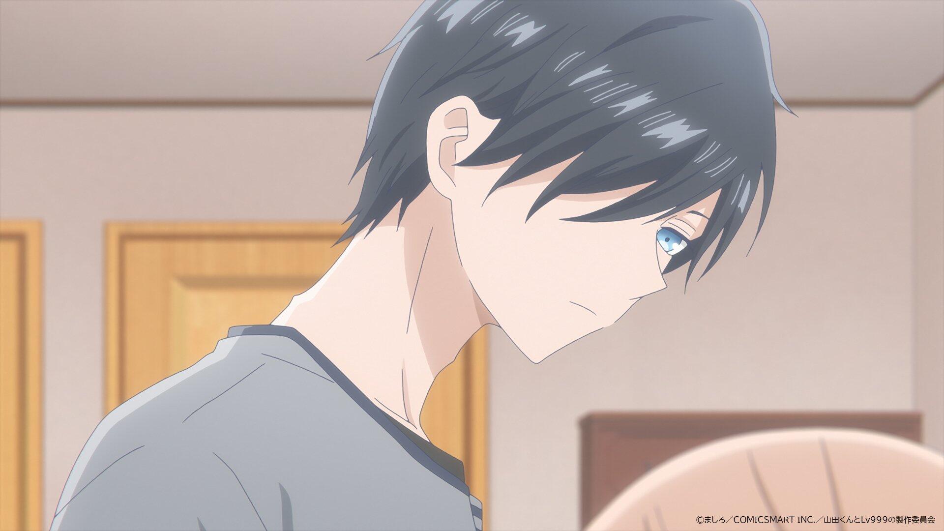 A close-up of a character from My Love Story With Yamada-kun at Lv999, featuring a young man with dark hair and striking blue eyes, set against a soft interior background.