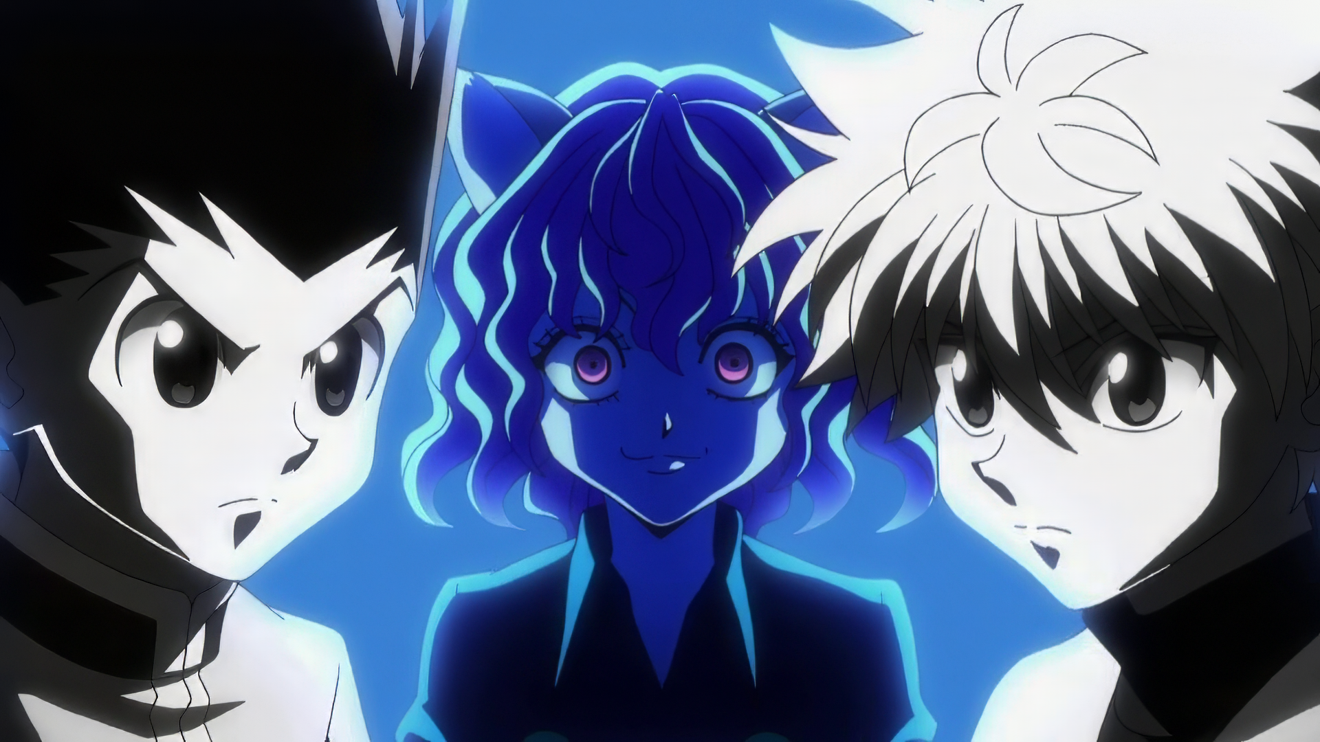 HD anime wallpaper featuring Gon Freecss, Killua Zoldyck, and Neferpitou from Hunter x Hunter with a dramatic blue-toned background.