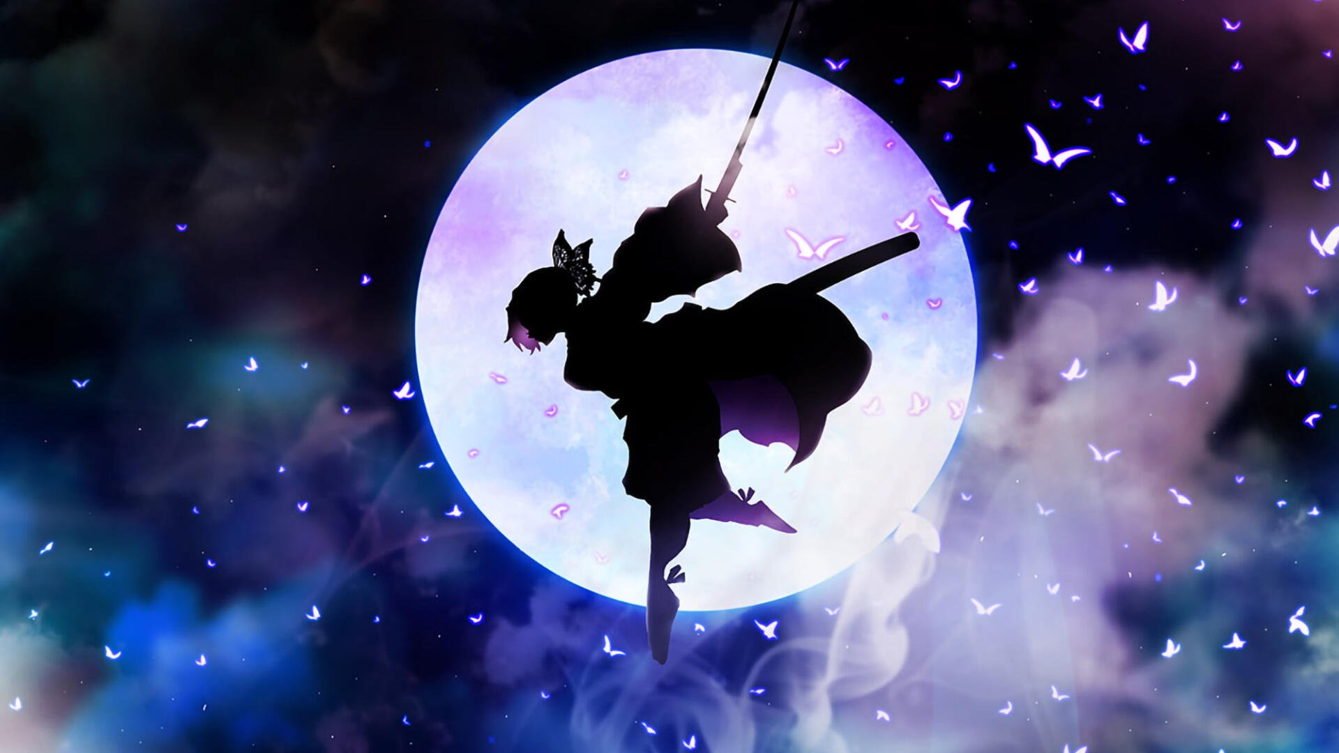 Anime-style HD desktop wallpaper depicting a silhouette of two characters sharing a kiss suspended against a glowing full moon with butterflies and smoke effects.