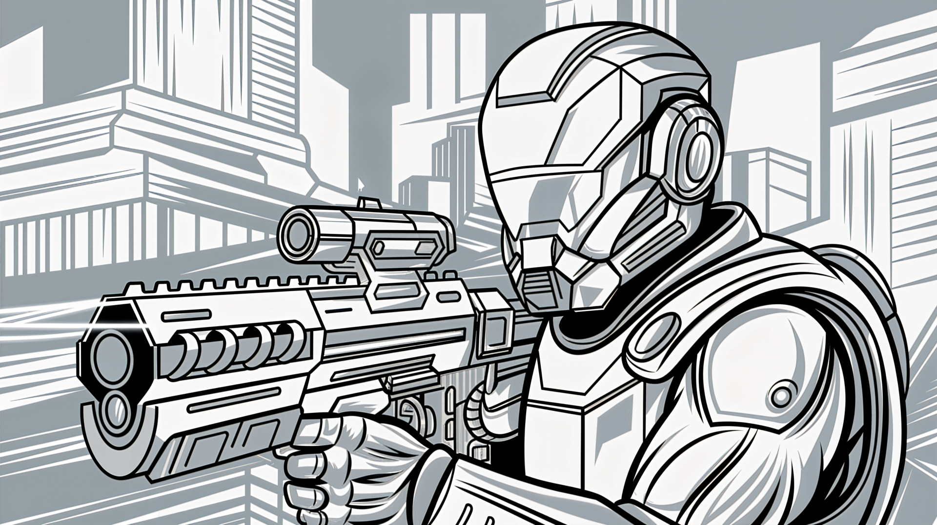 A futuristic soldier aims a sleek laser gun against a backdrop of stylized cityscape, captured in vibrant 4K Ultra HD for an engaging PC desktop wallpaper.