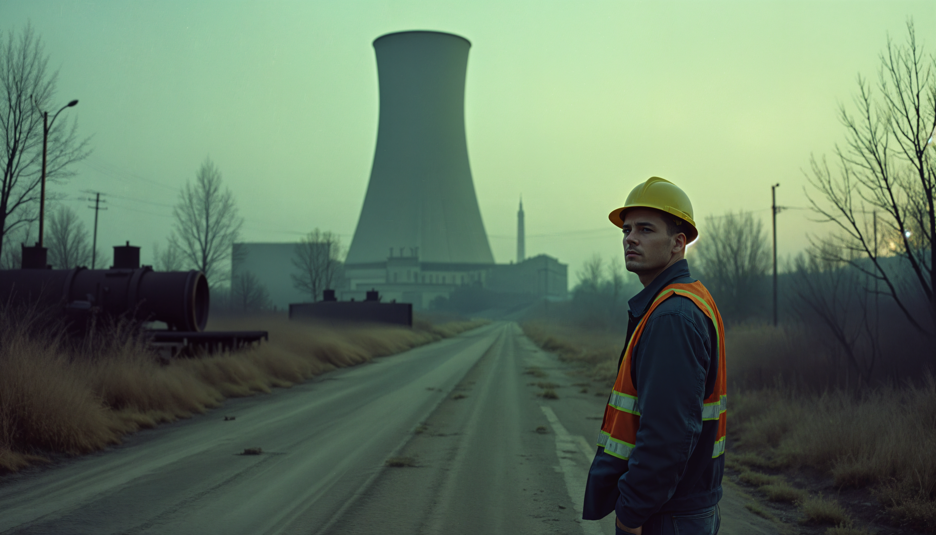 A worker in a hard hat stands on a desolate road, with a large nuclear cooling tower in the background. The image captures an atmospheric nuclear-themed setting in 4K Ultra HD.