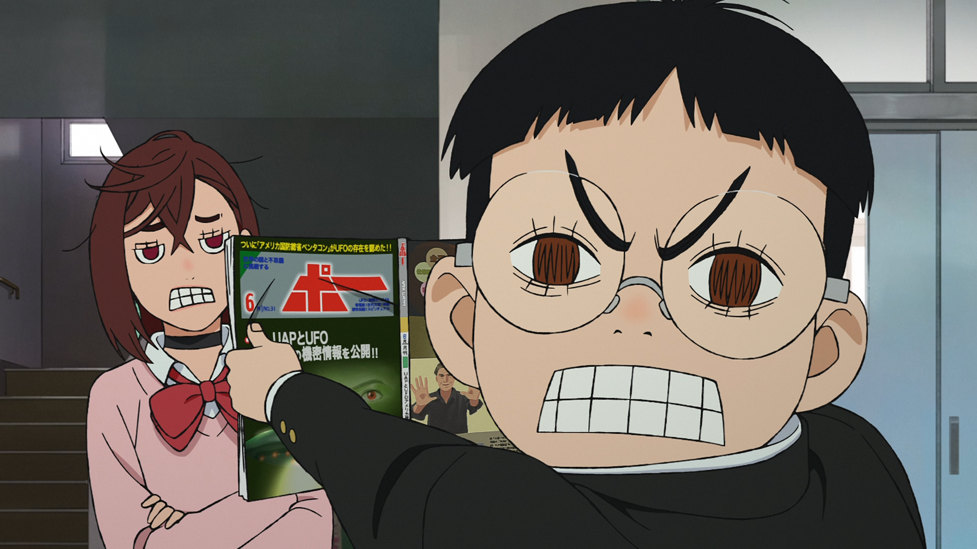 HD PC desktop wallpaper featuring anime characters Momo Ayase and Ken Takakura from Dandadan, showcasing expressive faces and vibrant details.