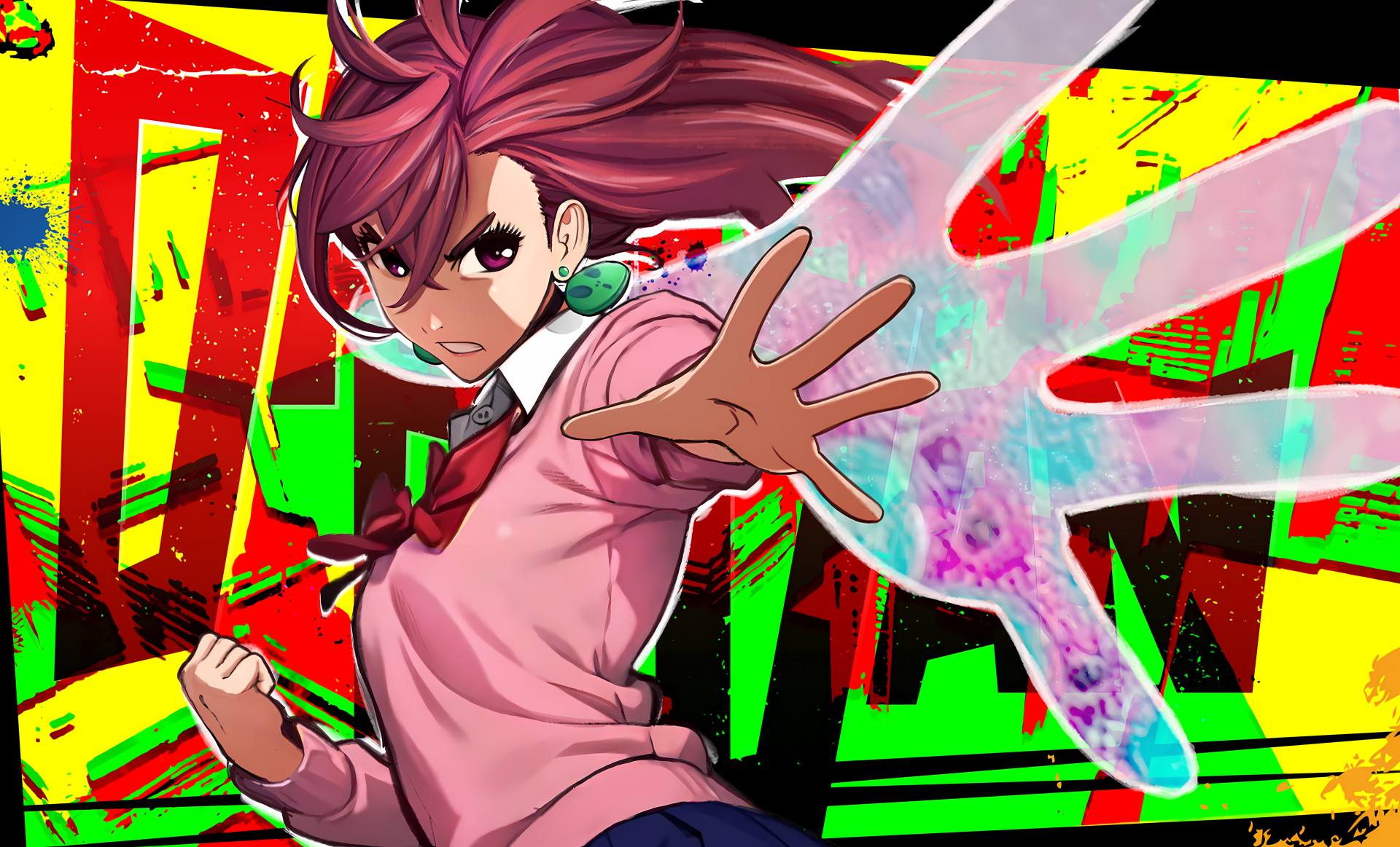 Vibrant 4K Ultra HD anime wallpaper featuring Momo Ayase from Dandadan, dynamically posed with an extended hand glowing in colorful energy against a bold, abstract background.