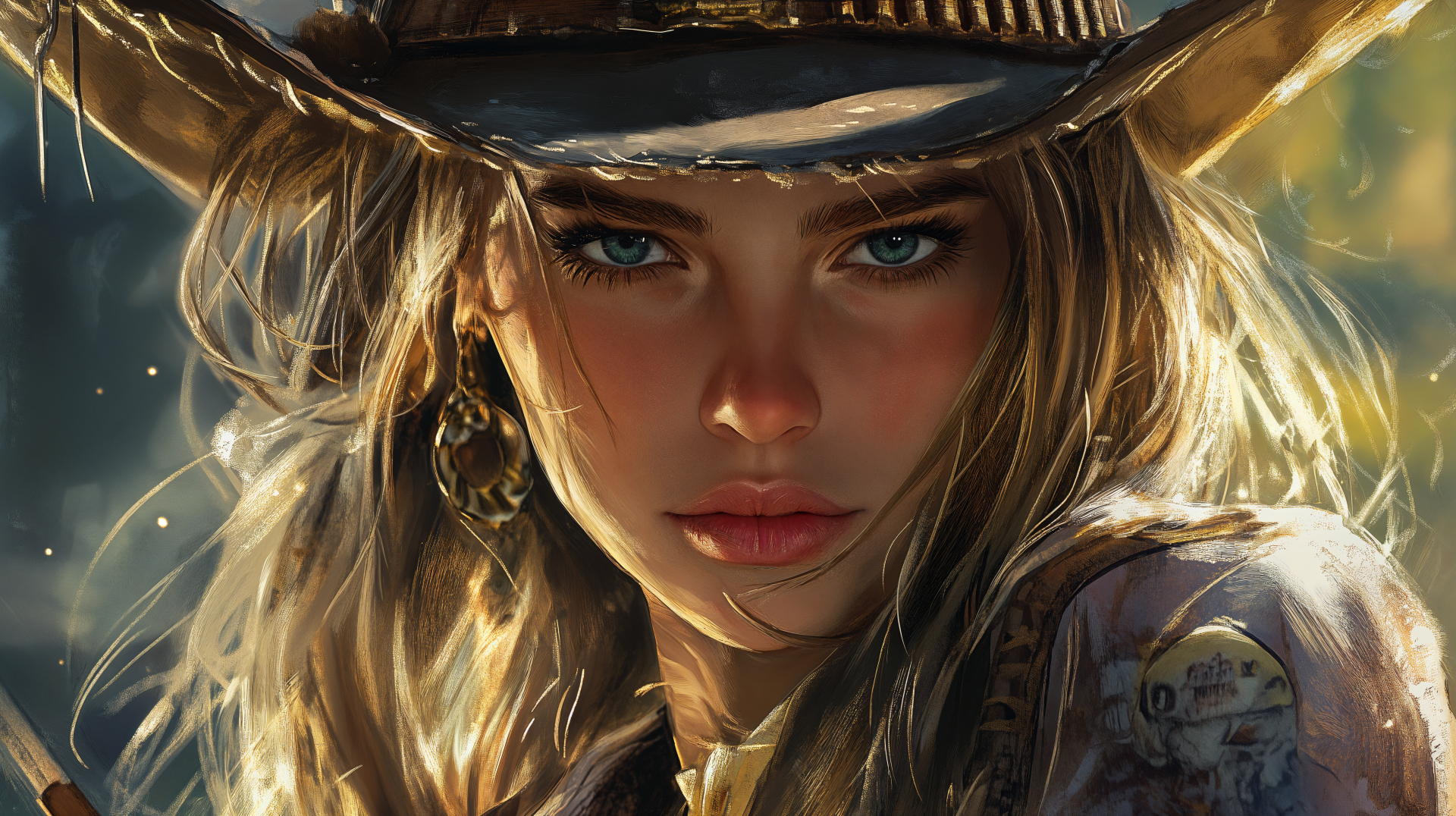 Portrait of a blonde cowgirl wearing a hat in a detailed western style, rendered in 4K Ultra HD for a striking PC desktop wallpaper.