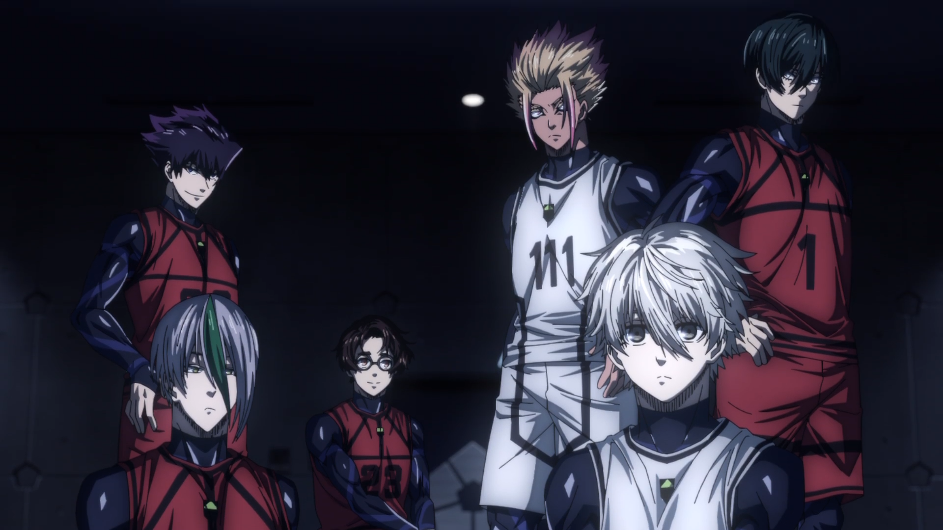 HD PC desktop wallpaper featuring five characters from the anime Blue Lock, set against a dark background with intense, focused expressions.