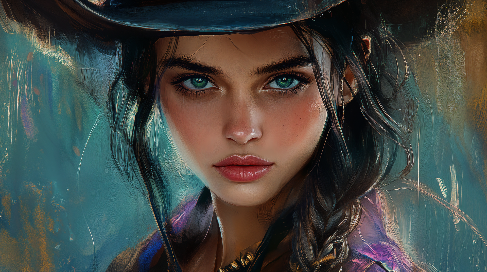A striking cowgirl portrait featuring a young woman with captivating blue eyes, set against a vibrant, artistic background. This 4K Ultra HD wallpaper adds depth to any desktop.