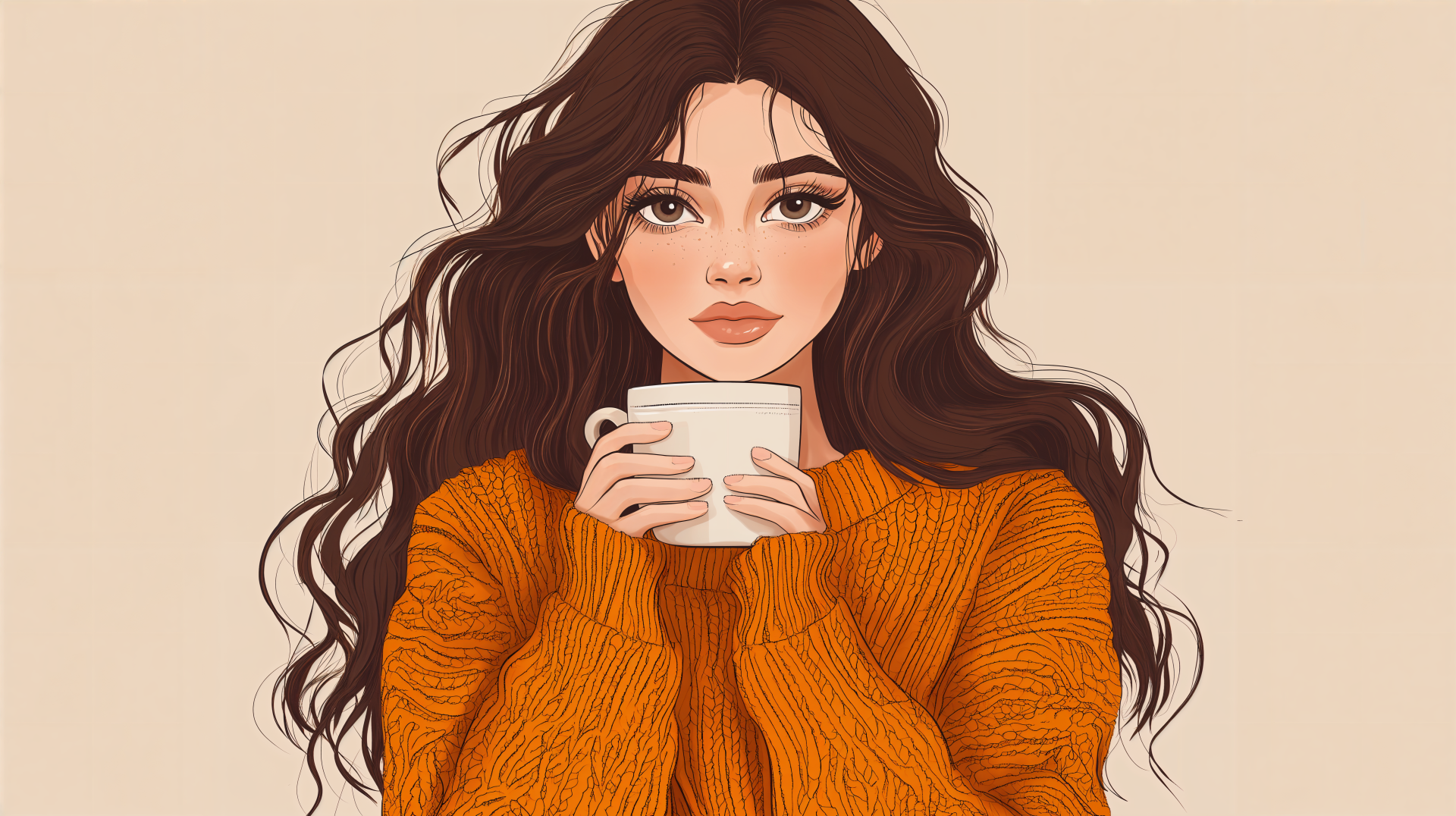 A woman with long, wavy hair wears a cozy orange sweater while holding a cup, set against a soft beige background. This 4K Ultra HD image captures a warm, inviting atmosphere.