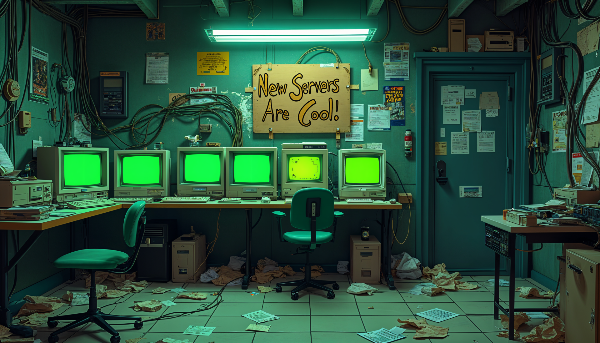 A dimly lit server room features six vintage computers with green screens and a sign reading New Servers Are Cool! scattered papers and clutter enhance the nostalgic atmosphere.